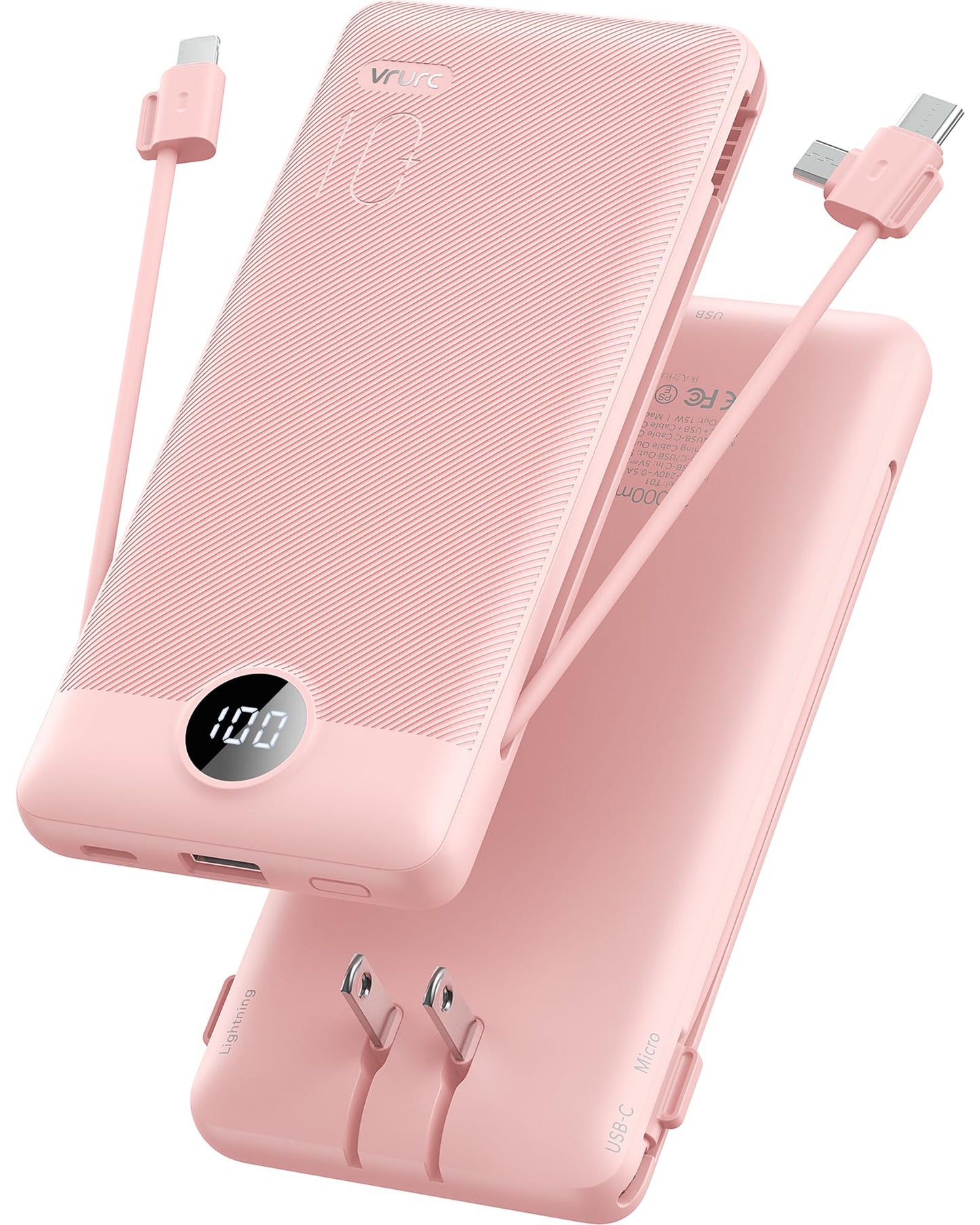 VRURC Portable Charger Built-in Cables and AC Wall Plug, USB C Power Bank 10000mAh, Travel Battery Phone Charger Compact Lightweight External Battery Pack for Smart Phones, Tablets etc-Orange