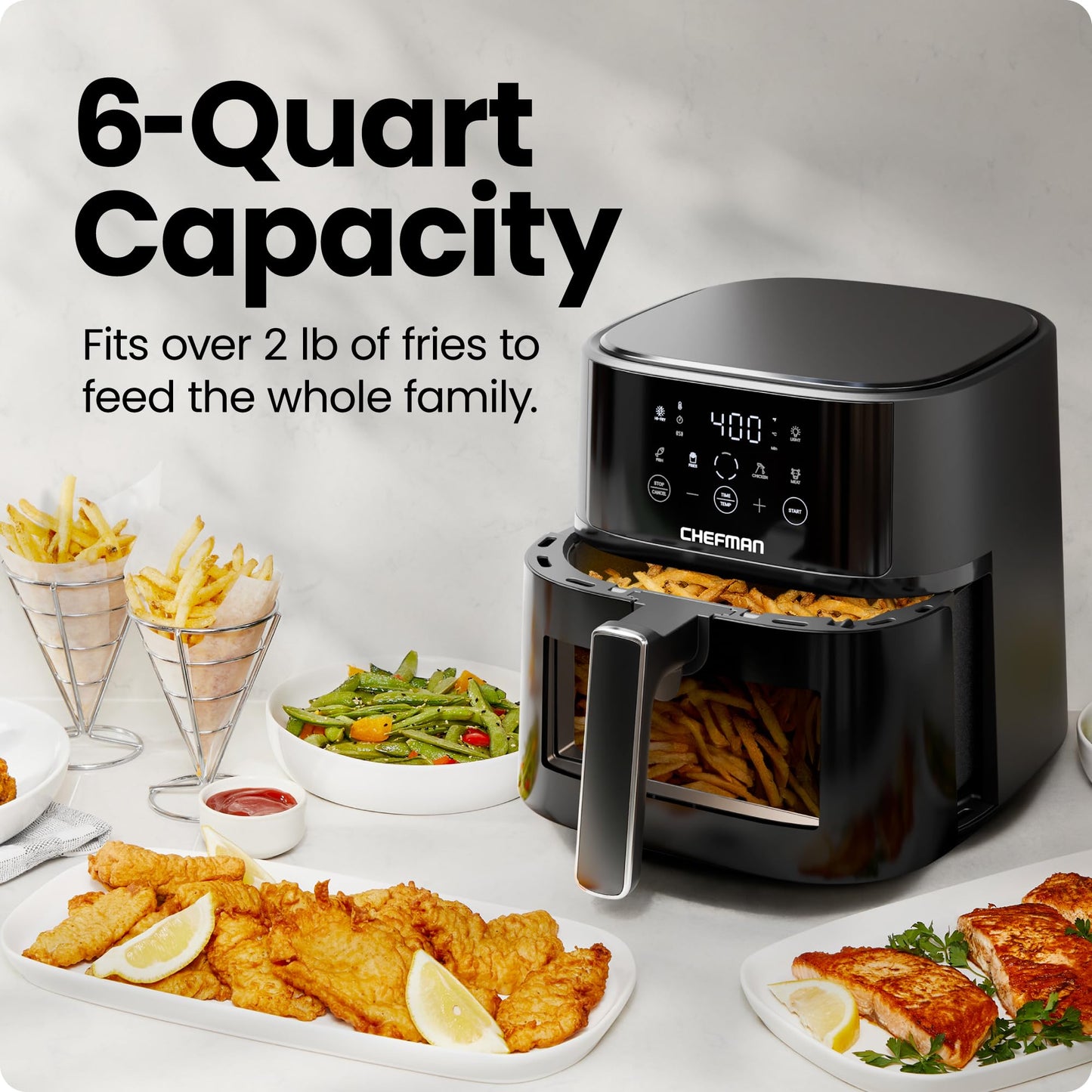 Chefman 6-Quart Air Fryer | Hi-Fry Extra Crisp, Easy-View Window, Touch Controls, 4 Presets, Nonstick Dishwasher-Safe Basket – Black