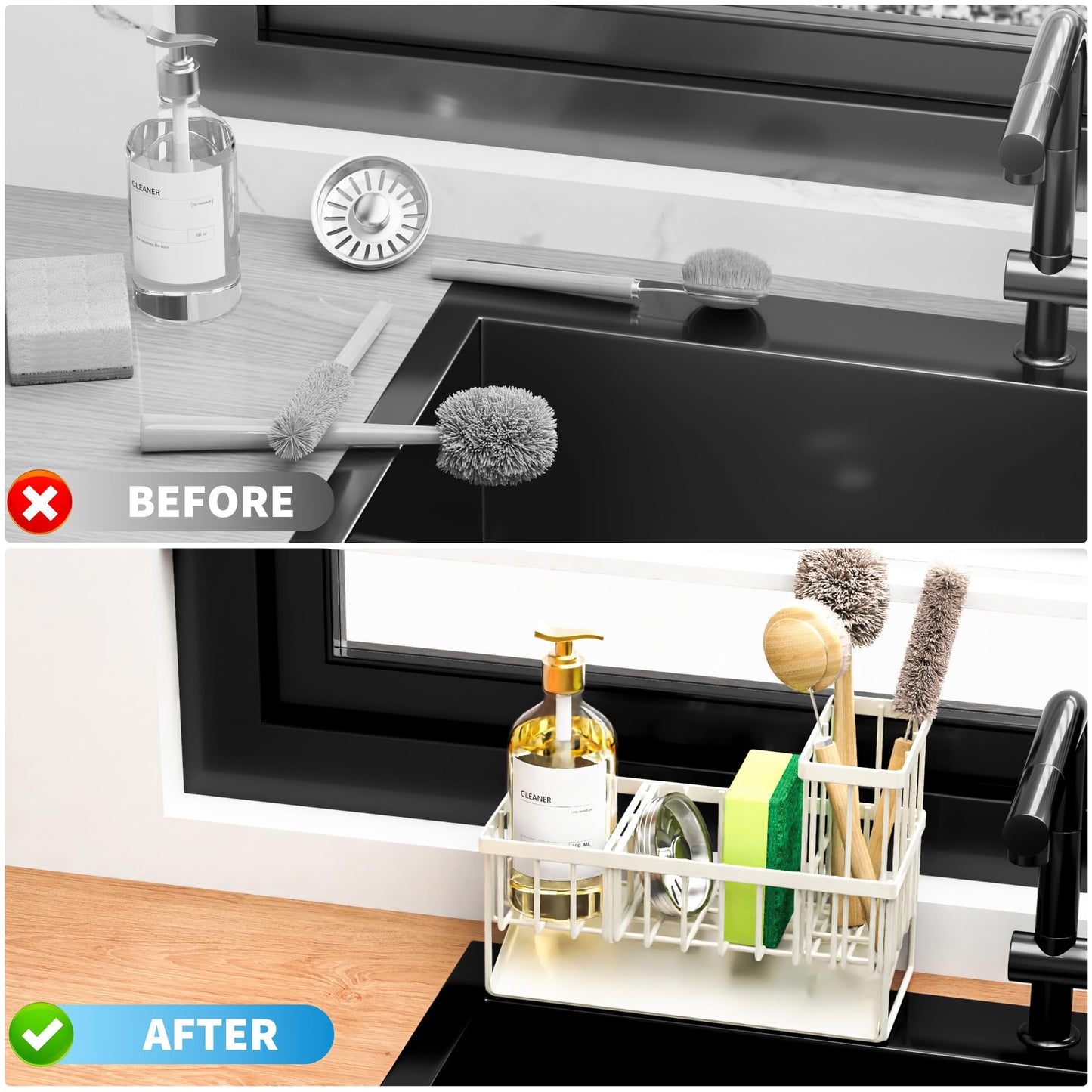 Kitchen Sink Caddy Organzier with High Brush Holder, Sponge Holder for Sink, 304 Rustproof Stainless, Kitchen Countertop Soap Dispenser Organizer, Kitchen Decor and Accessories