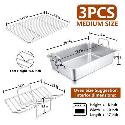 Herogo 15.3-Inch Stainless Steel Roasting Pan with Rack – 3-Piece Set Includes Deep Pan, V-Rack & Cooling