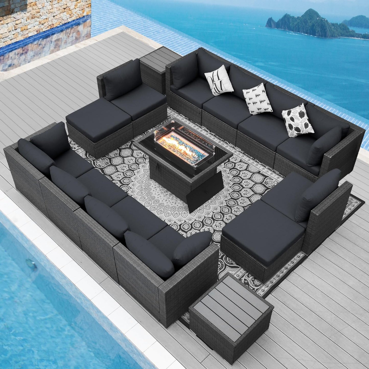 NICESOUL® 13-teiliges großes Luxus-Sofaset für die Terrasse mit Feuerstelle für Erdgas/Propan, 74 cm hohe Rückenlehne, Garten-Sitzgruppe, Gartensofa aus PE-Rattan, dunkelgrau 