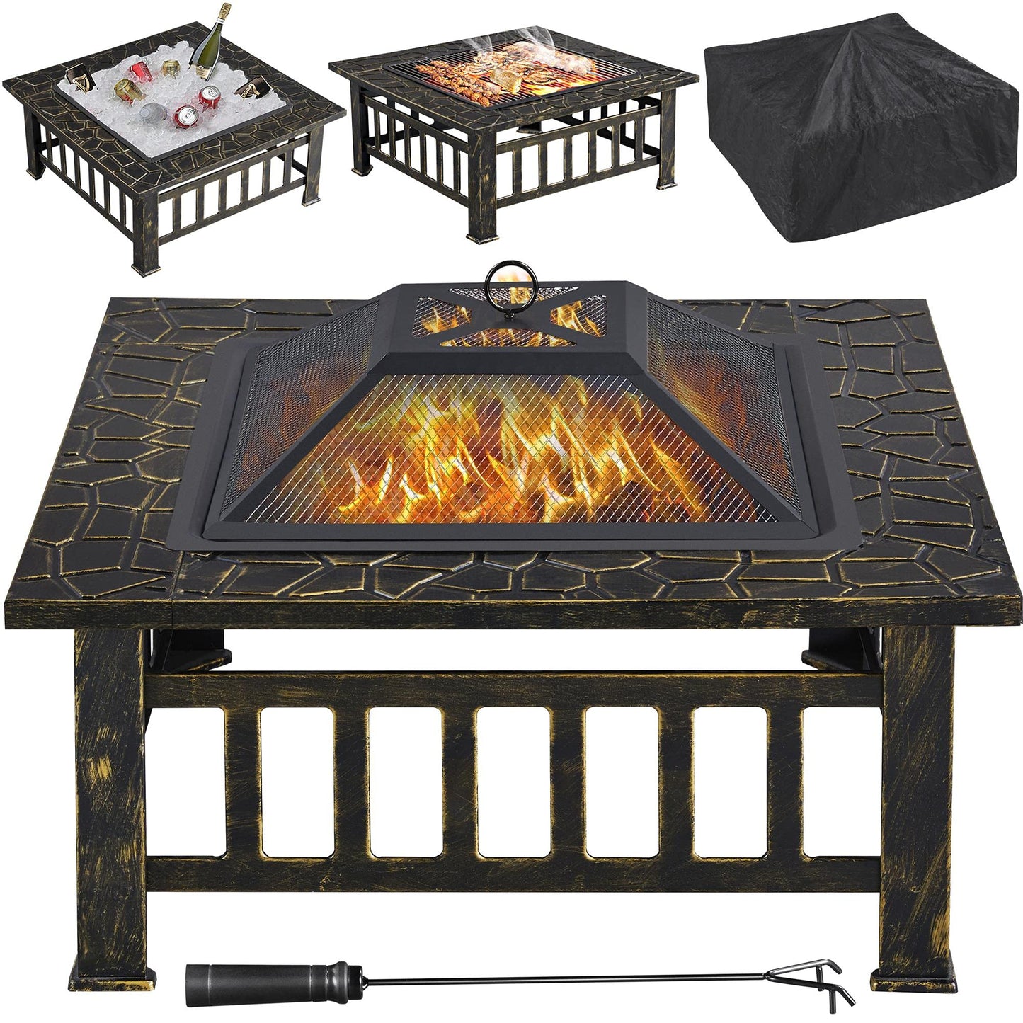 Yaheetech 32in Outdoor Firepit Square Table Backyard Patio Garden Stove Wood Burning Fire Pit with Spark Screen, Log Poker and Cover