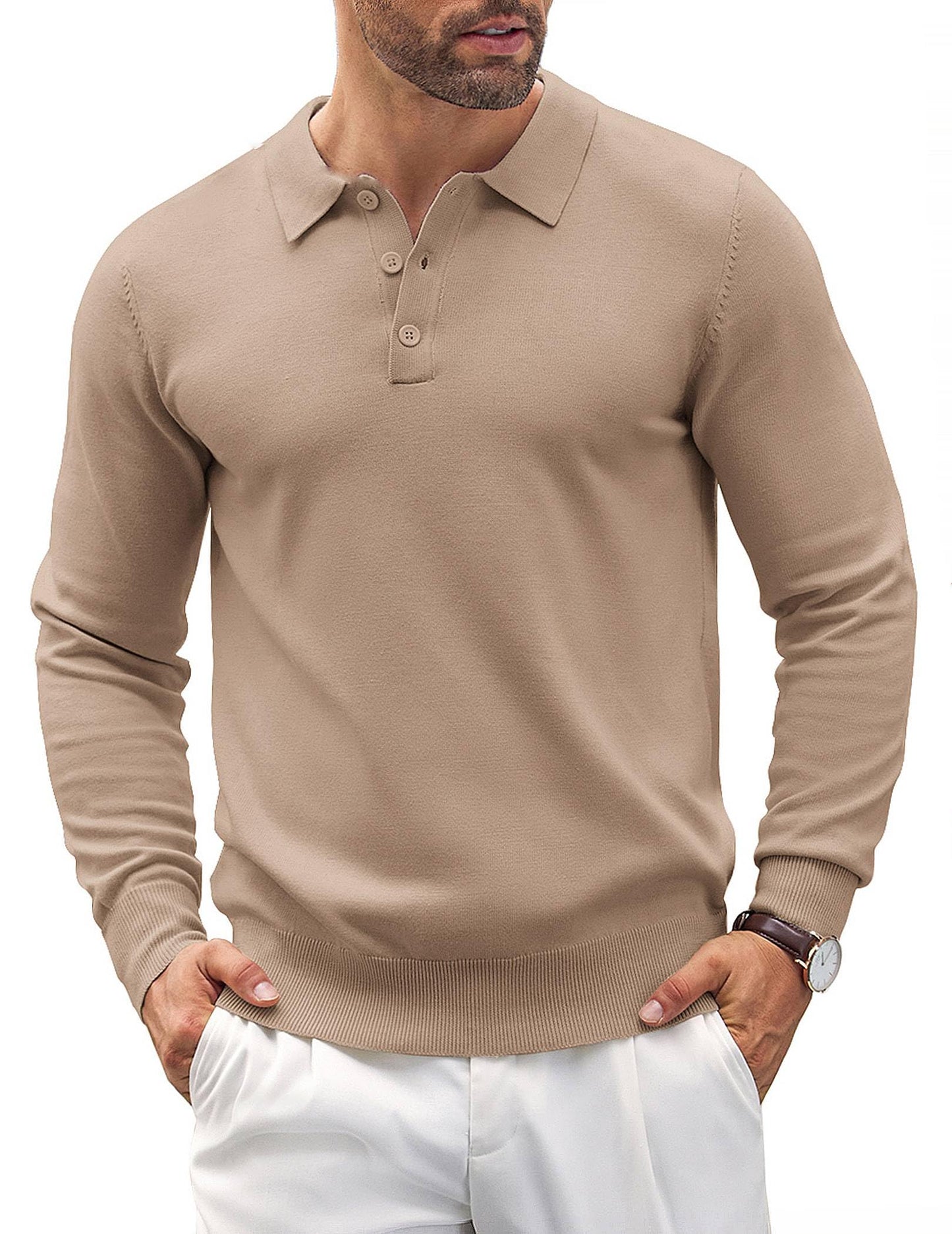 COOFANDY Mens Knit Polo Shirts Casual Long Sleeve Classic Polo Shirts Button Down Golf Shirts