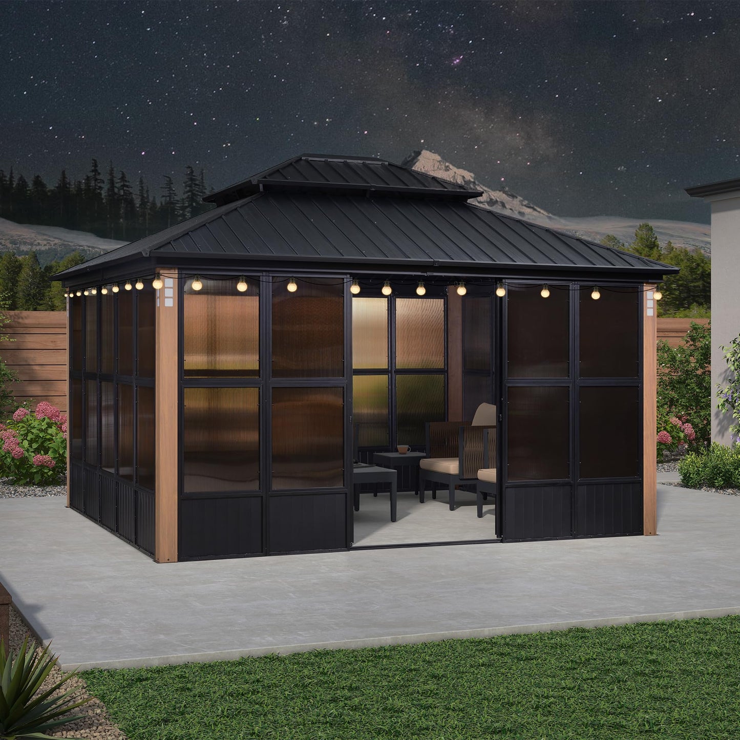 PURPLE LEAF 12' X 14' Patio Hardtop Gazebo Double Top Outdoor Screen House Aluminum Solarium Backyard Sun Room with Detachable Windows