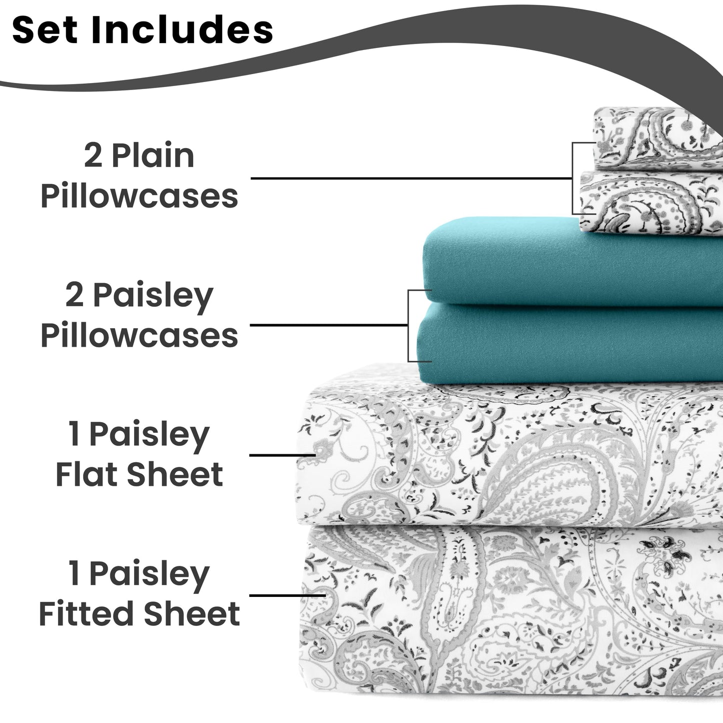 LUX Decor Paisley King Sheet Set, 6 PC Soft Microfiber Wrinkle Free Sheets - Luxurious Printed Bed Sheets Includes Flat Sheet, Fitted Sheet with Deep Pockets, & 4 Pillowcases - Taupe