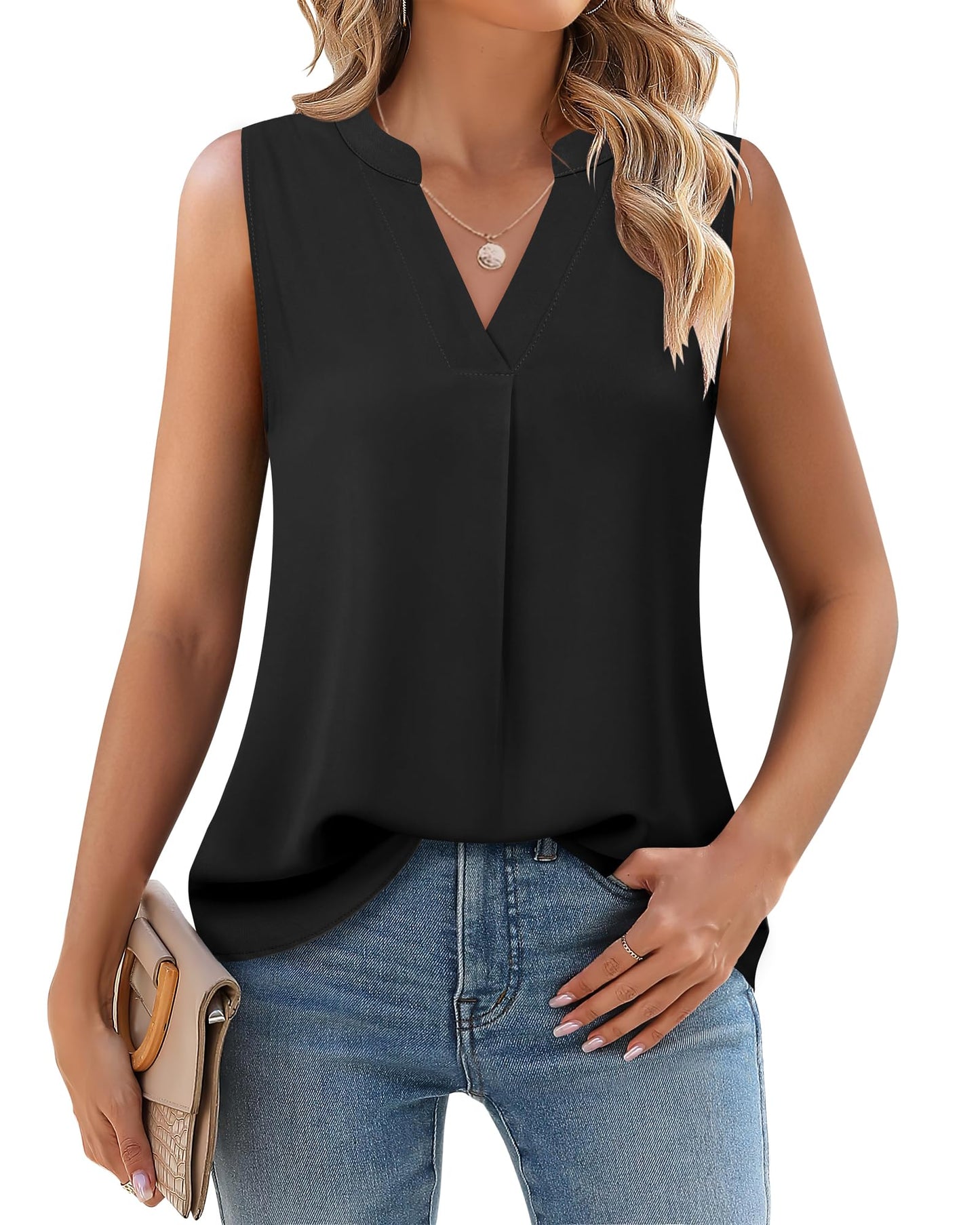 Timeson Women's Chiffon V Neck Sleeveless Blouse Tops Office Work Shirts