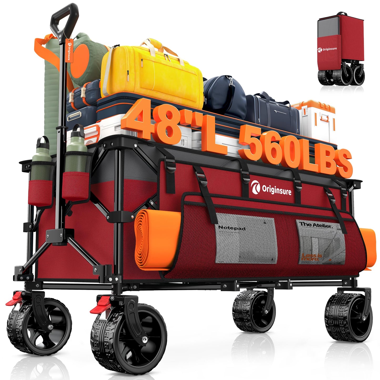 48" L Collapsible Wagon Cart Foldable, 560LB Weight Capacity 300L Heavy Duty Folding Beach Wagons with Big All-Terrain Wheels, Utility Carts for Groceries, Shopping, Camping, Sports - Black