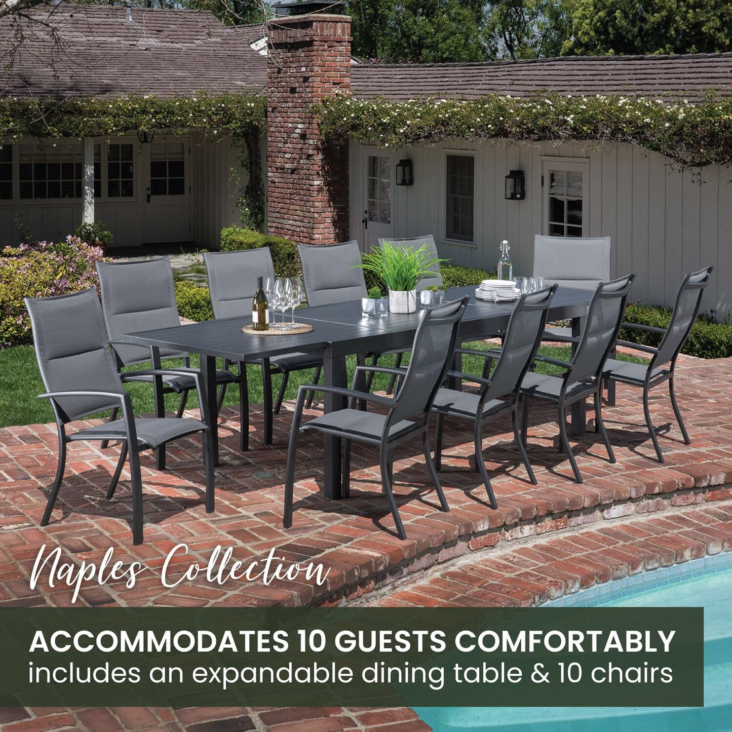 Hanover Naples 11-Piece Patio Dining Set with Rust Resistant Aluminum 40" x 118" Expanding Rectangular Dining Table w/ 10 High-Back Stackable Sling Chairs, Weather-Resistant Outdoor Dining Set for 10