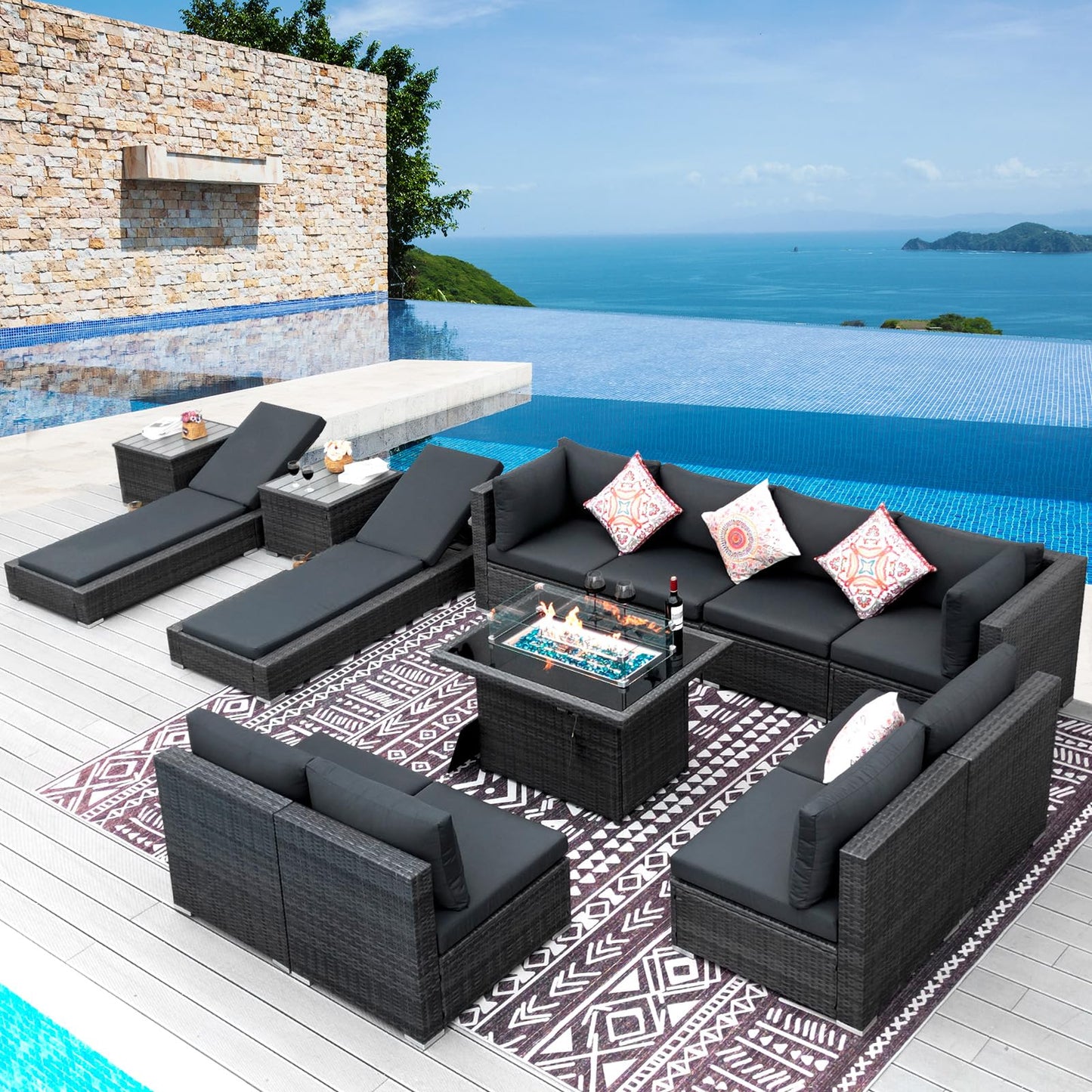 NICESOUL® 13-teiliges großes Luxus-Sofaset für die Terrasse mit Feuerstelle für Erdgas/Propan, 74 cm hohe Rückenlehne, Garten-Sitzgruppe, Gartensofa aus PE-Rattan, dunkelgrau 