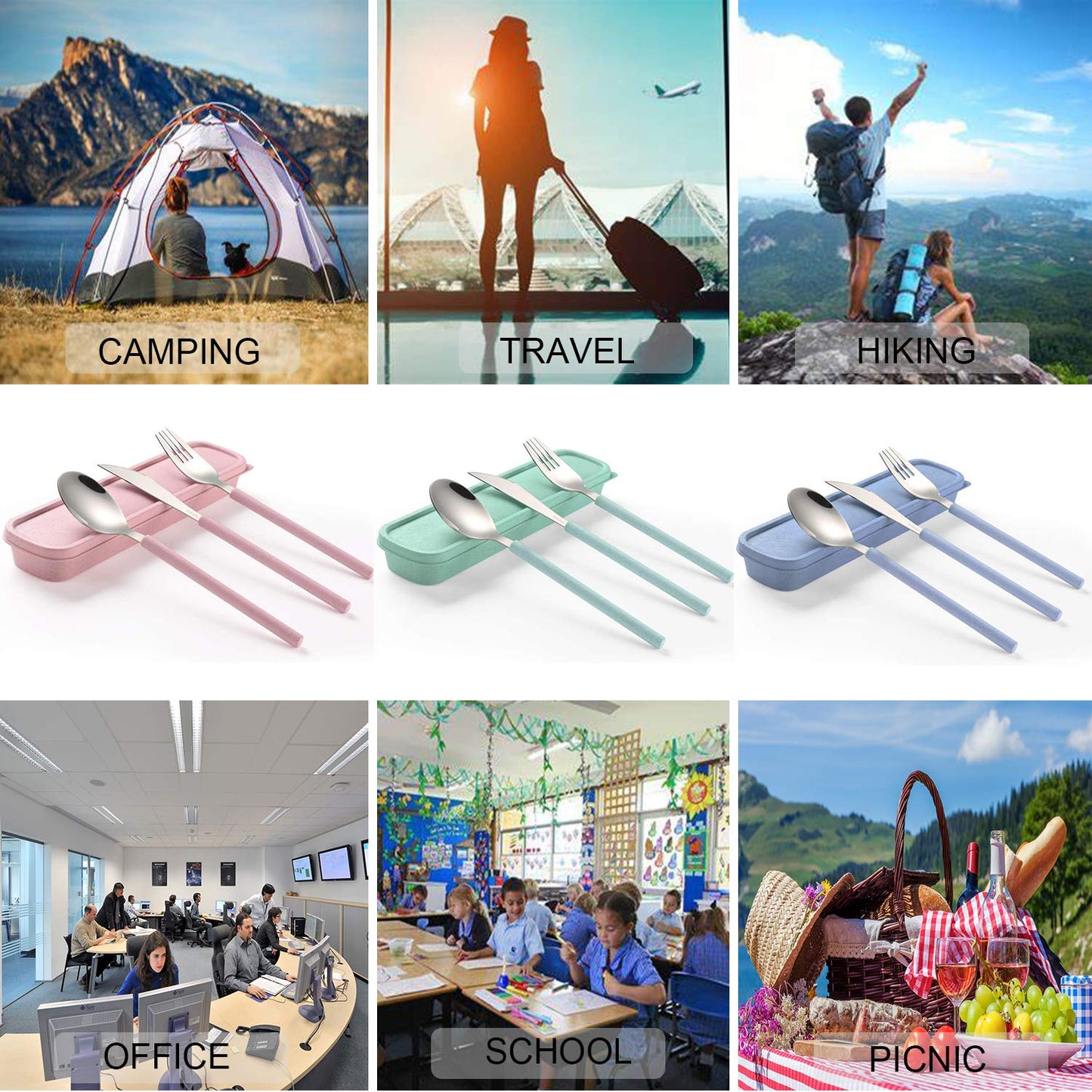 Portable Travel Utensils Set, 18/8 Stainless Steel 3 PCS Cutlery Set Including Knife Fork and Spoon, Reusable Travel Silverware Set with Case for Lunch Box Camping School Office
