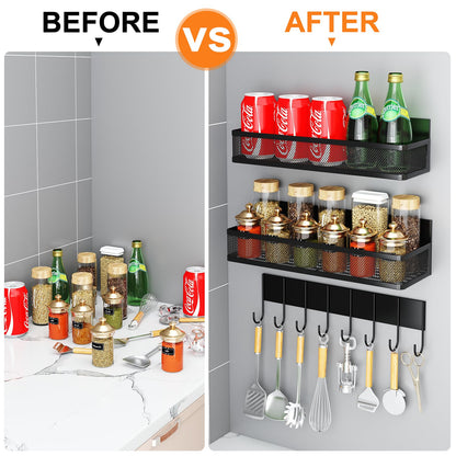 Magnetic Spice Rack for Refrigerator, 6 Pack Magnetic Shelf, Fridge Magnet Organizer with Moveable 12 Hooks, Magnetic Fridge Shelf for Kitchen Organization and Storage (6 Pack)