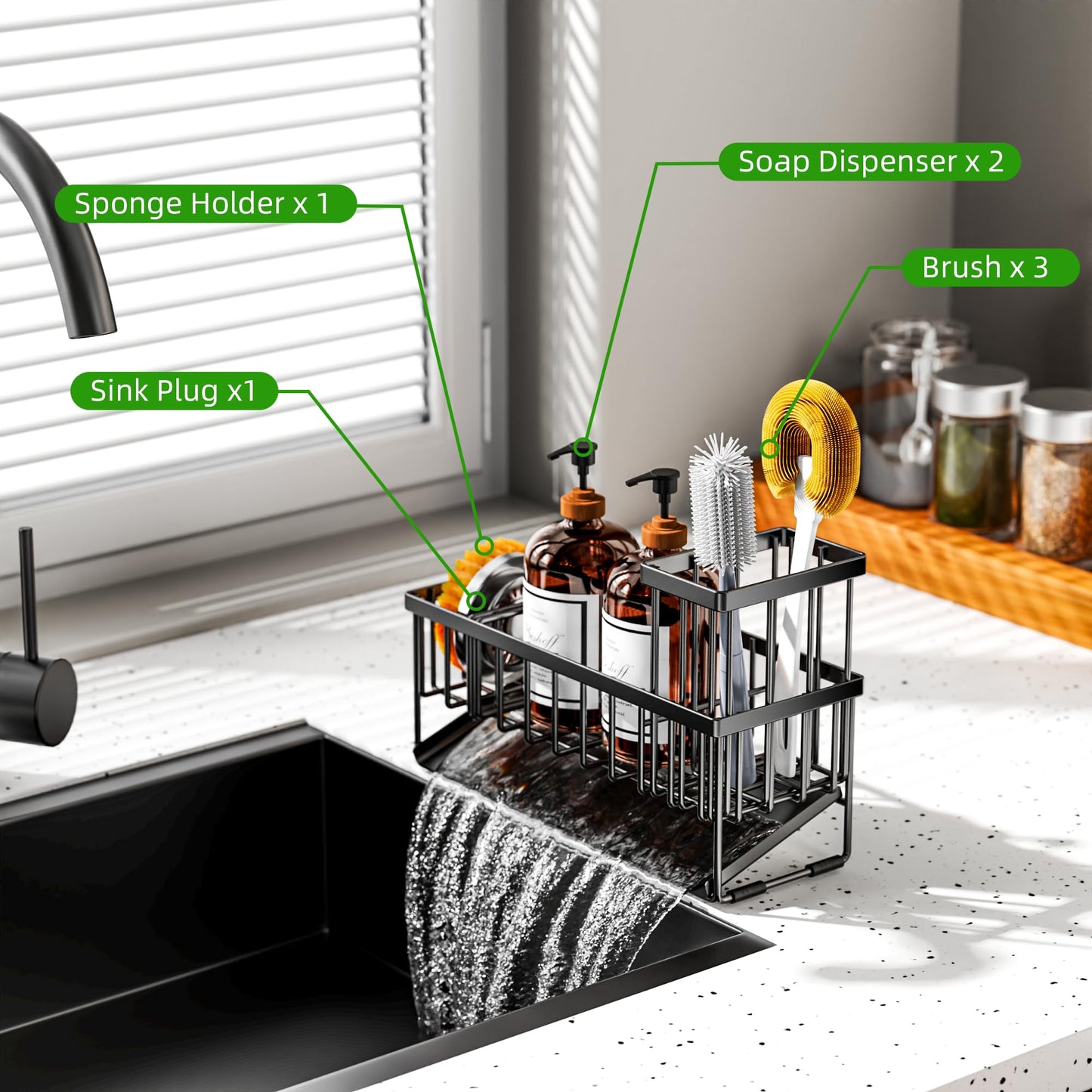 Kitchen Sink Caddy Organzier with High Brush Holder, Sponge Holder for Sink, 304 Rustproof Stainless, Kitchen Countertop Soap Dispenser Organizer, Kitchen Decor and Accessories