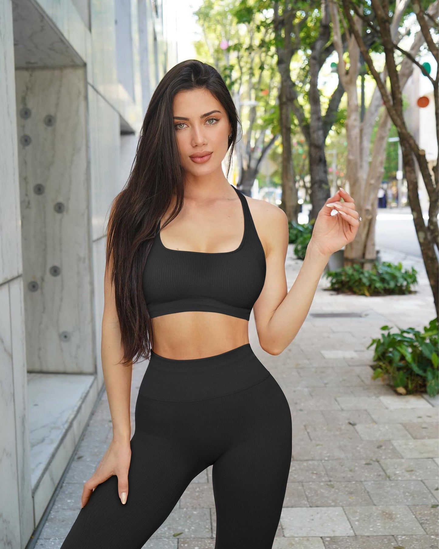 RXRXCOCO Ribbed Workout Sets for Women 2 Piece Backless Strappy Sports Bra Seamless Leggings Matching Set Yoga Outfits