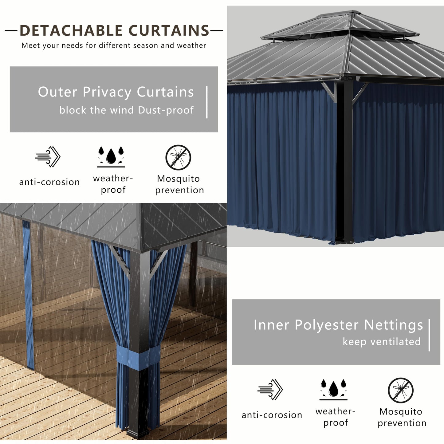 12x20ft Hardtop Gazebo Double Roof, Outdoor Pavilion with 2-Layer Hard top Galvanized Iron Frame Garden Tent, Suitable for courtyards, backyards, Decks, and Grass