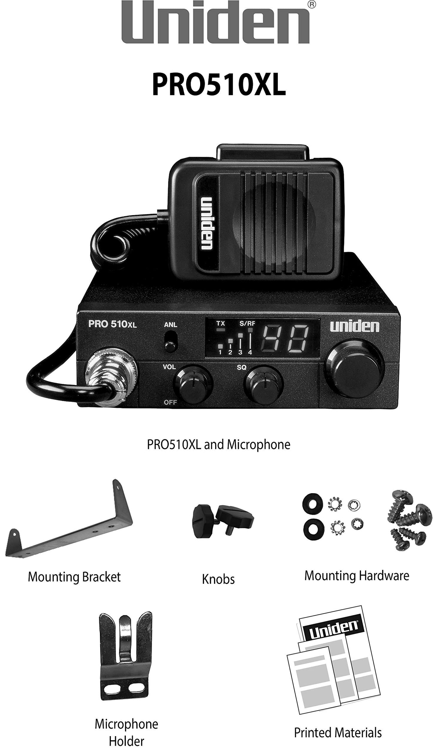 Uniden PRO505XL 40-Channel CB Radio. Pro-Series, Compact Design. Public Address (PA) Function. Instant Emergency Channel 9, External Speaker Jack, Large Easy to Read Display. - Black
