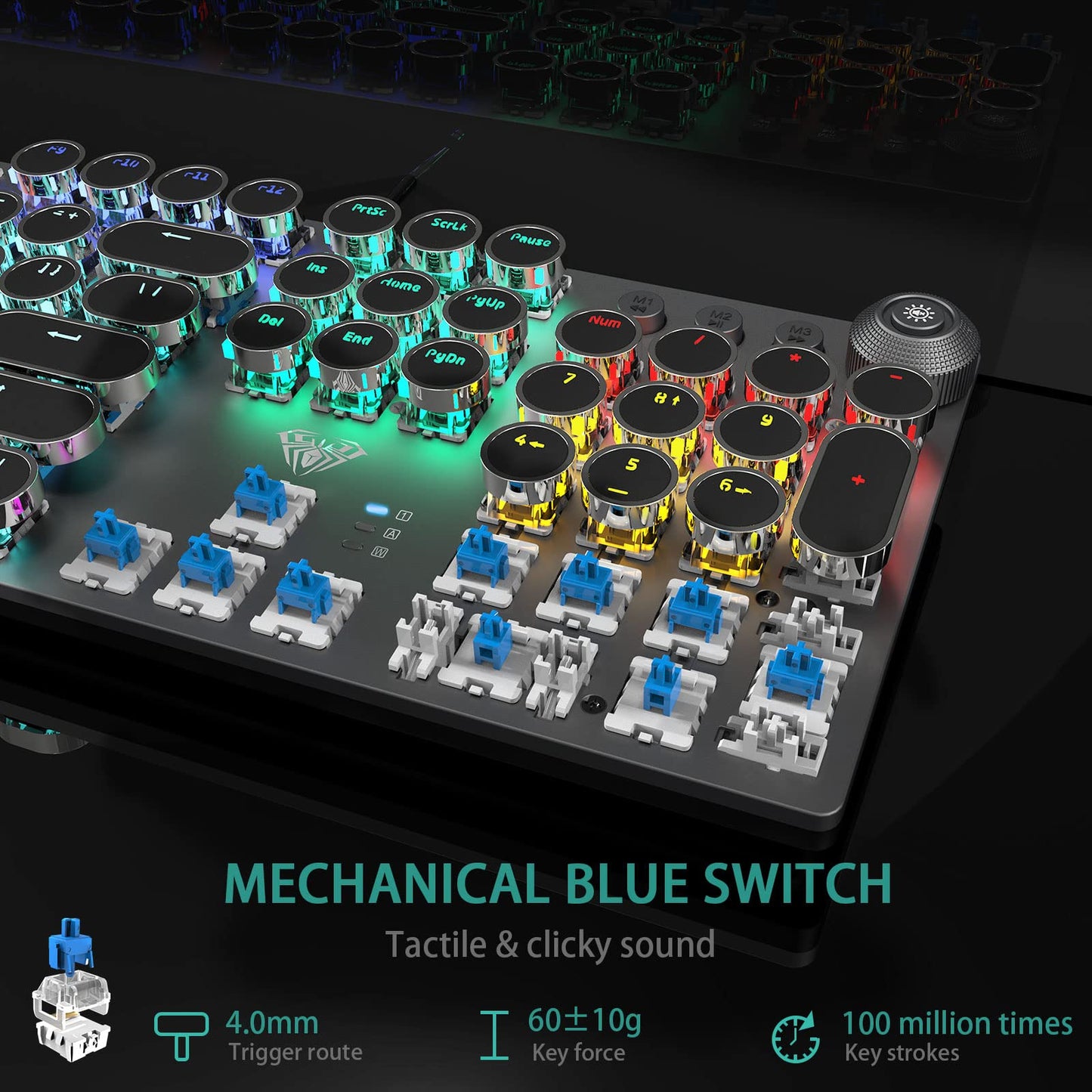 AULA F2088 Mechanical Gaming Keyboard – Blue Switches, Rainbow LED Backlit, Media Knob, Wrist Rest, Retro Typewriter Keycaps, USB Wired