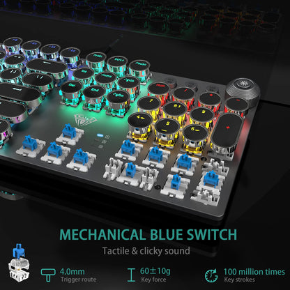 AULA F2088 Mechanical Gaming Keyboard – Blue Switches, Rainbow LED Backlit, Media Knob, Wrist Rest, Retro Typewriter Keycaps, USB Wired