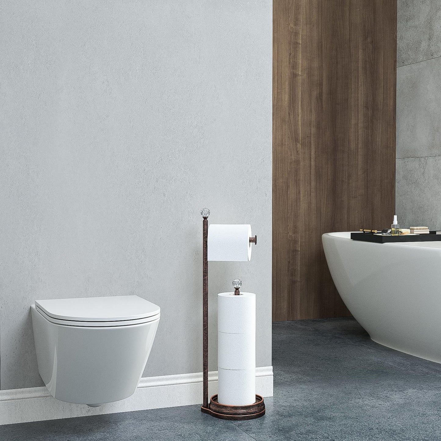 Weighted Freestanding Toilet Paper Holder – Metal Bathroom Stand with Crystal Accent