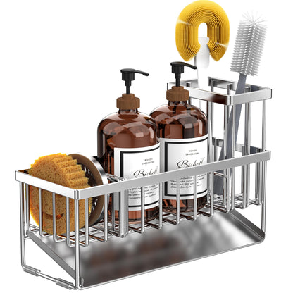 Kitchen Sink Caddy Organzier with High Brush Holder, Sponge Holder for Sink, 304 Rustproof Stainless, Kitchen Countertop Soap Dispenser Organizer, Kitchen Decor and Accessories