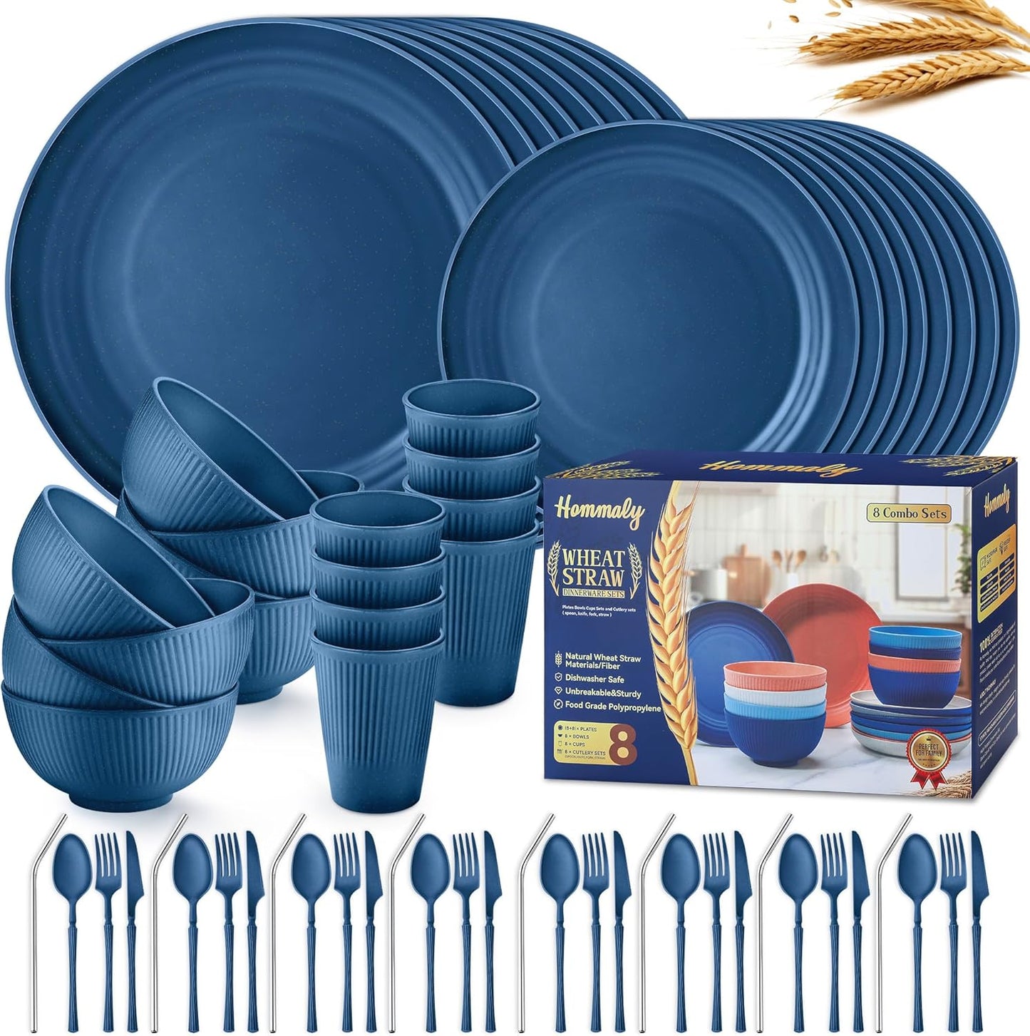 Wheat Straw Dinnerware Sets,48-Piece Plates and Bowls Sets for 6-Unbreakable,Reusable Plastic Dish Set-Dinner Plate/Dessert Plate/Cereal Bowl/Cup/Utensils-Microwavable Dishwasher Safe 48P-Deep Gray