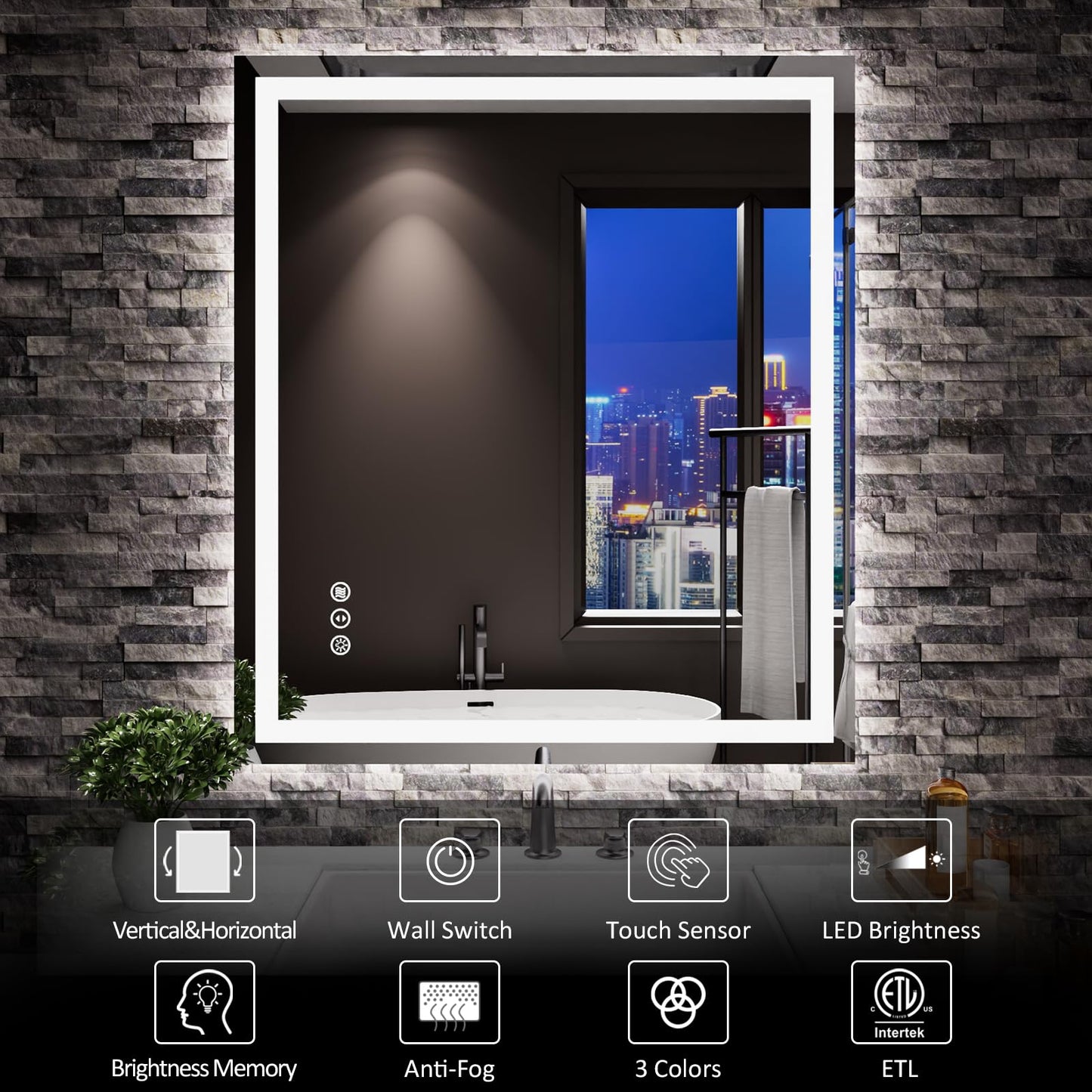 Amorho 20"x 28" LED Bathroom Mirror with Black Frame, Front Light and Backlit(Controlled Separately), Stepless Dimmable, Anti-Fog, Shatter-Proof, 3 Colors, Memory