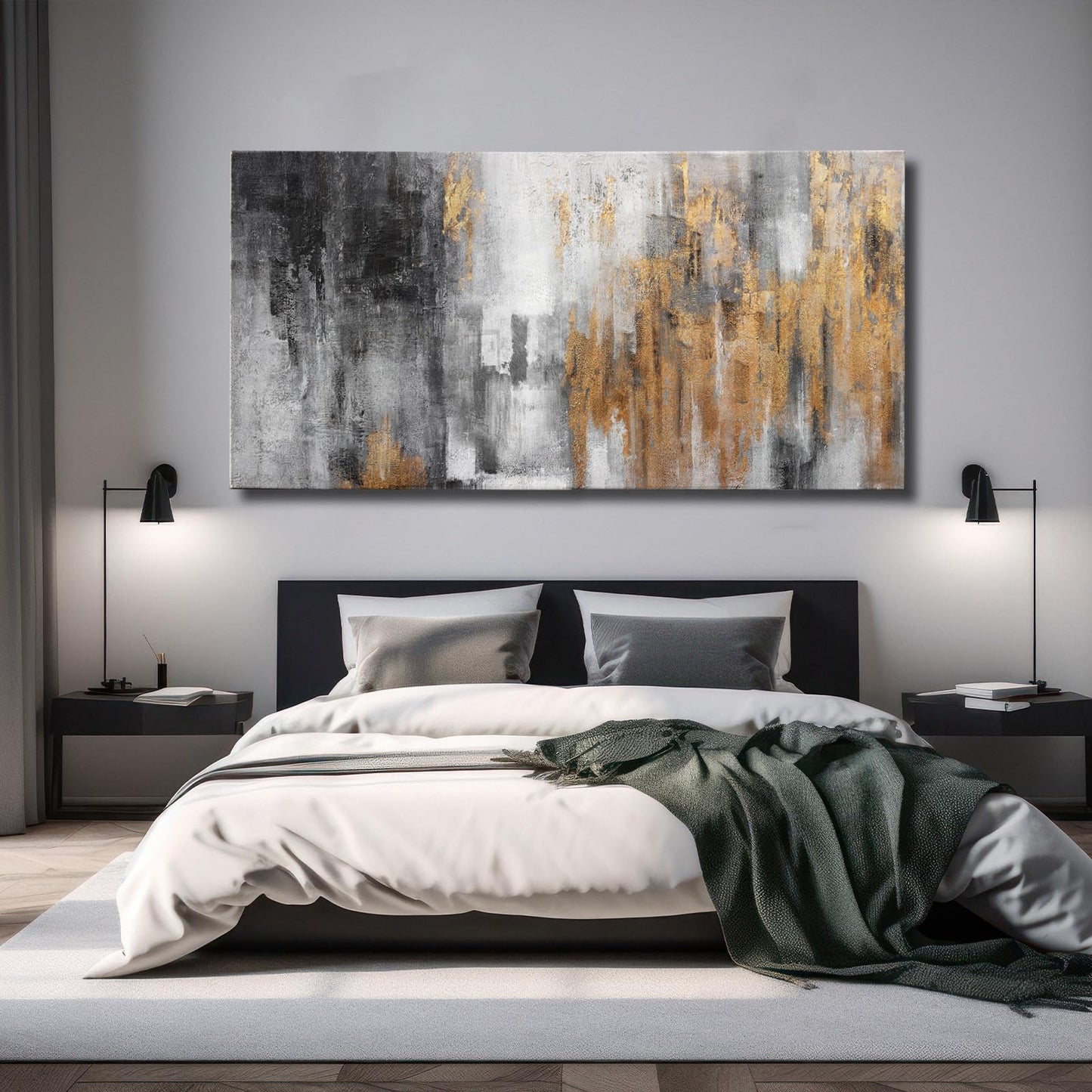 YJYart Abstrakte Wandkunst, Grün und Gold, handgemalt, Ölgemälde, Blüte, botanisch, großes Bild für Wohnzimmer, Schlafzimmer, Küche, Büro, 76,2 x 152,4 cm 