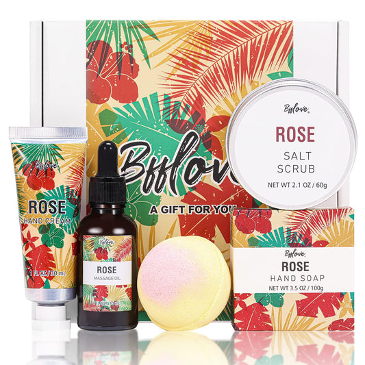 Spa Gifts for Women, Gift Set, Self Care Kit, Birthday Gifts, 5pc Rose Bath Sets Include Massage Oil, Bath Bomb, Salt Scrub, Soap, Hand Cream, Christmas Gifts for Mom