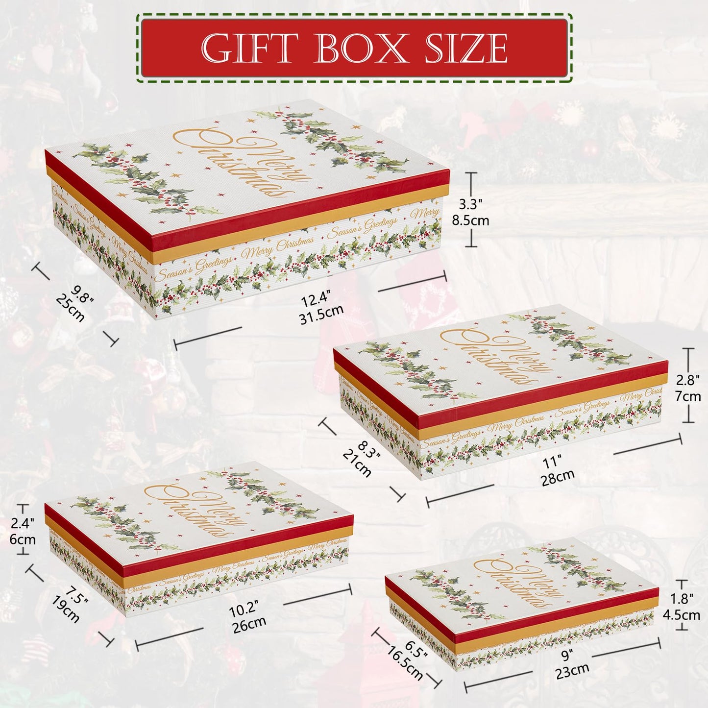 Hollyone 4 Kraft Christmas Gift Boxes with Lids Merry Christmas Sign Gift Wrap Boxes 4 Sizes Xmas Gift Boxes Shirt Box for Wrapping Christmas Holiday Birthday Wedding Present