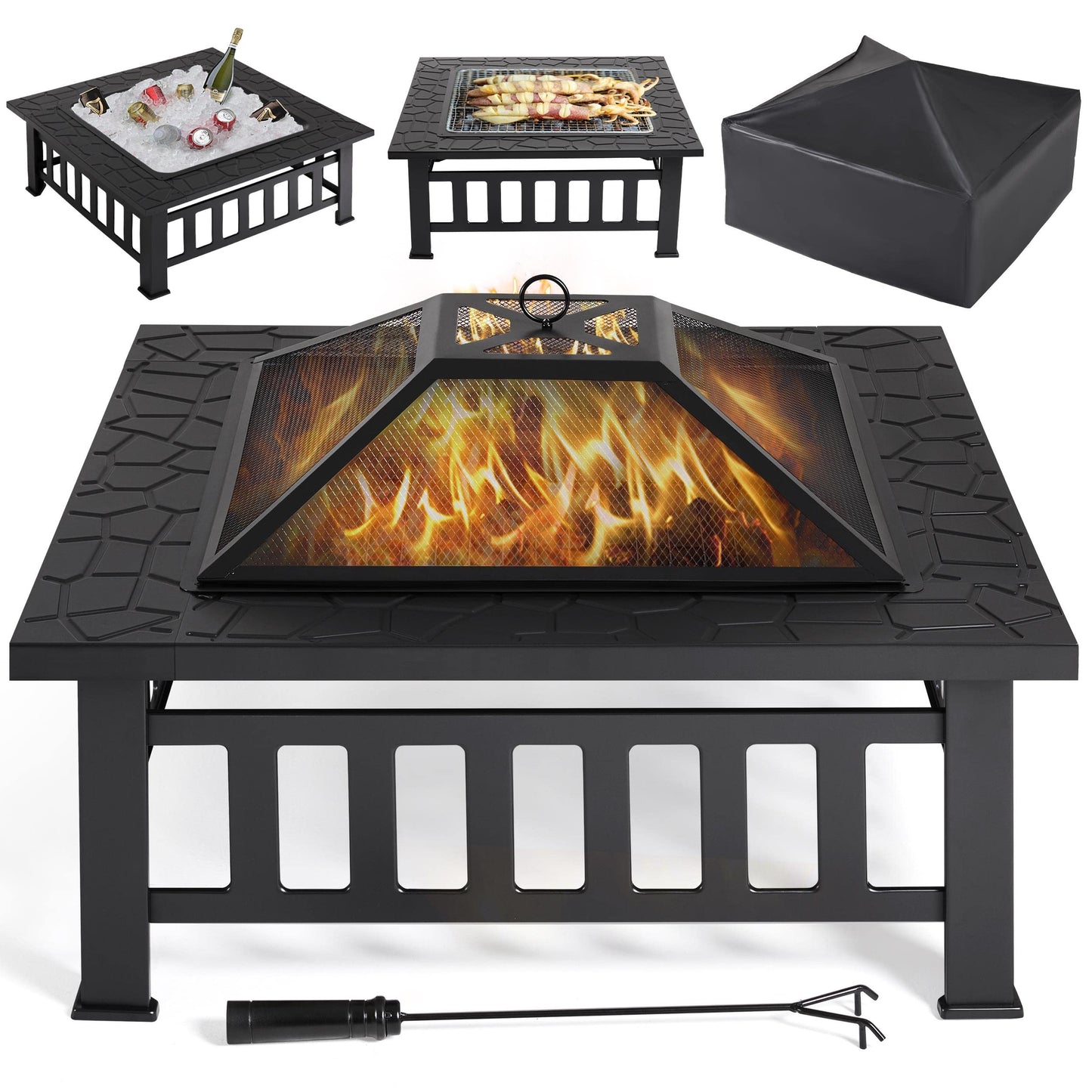 Yaheetech 32in Outdoor Firepit Square Table Backyard Patio Garden Stove Wood Burning Fire Pit with Spark Screen, Log Poker and Cover