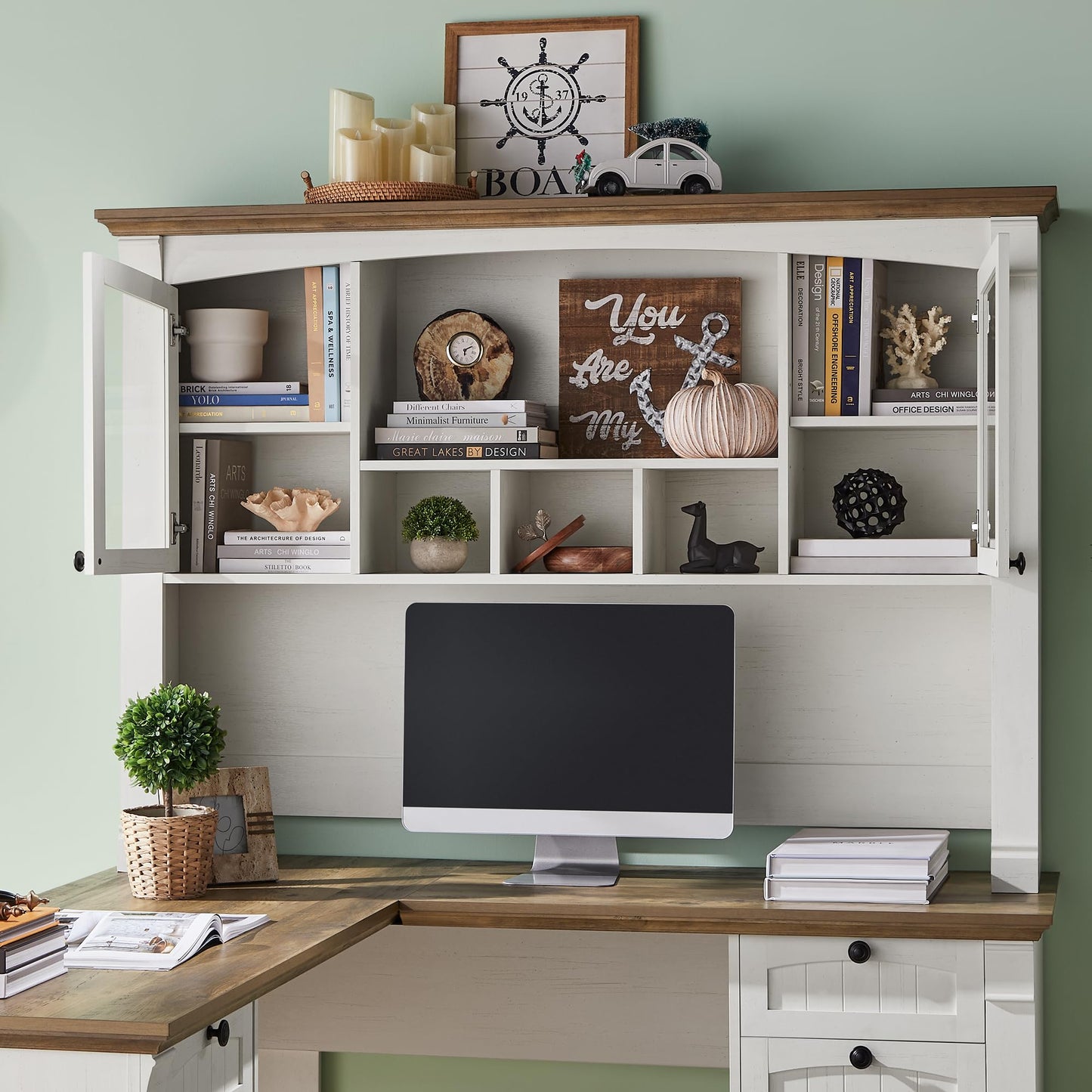 OKD 60" Executive Desk with Drawers, Farmhouse Home Office Desk with Charging Station, Keyboard Tray, File Cabinet Storage, Wood Computer Desk for Work and Study, Antique White