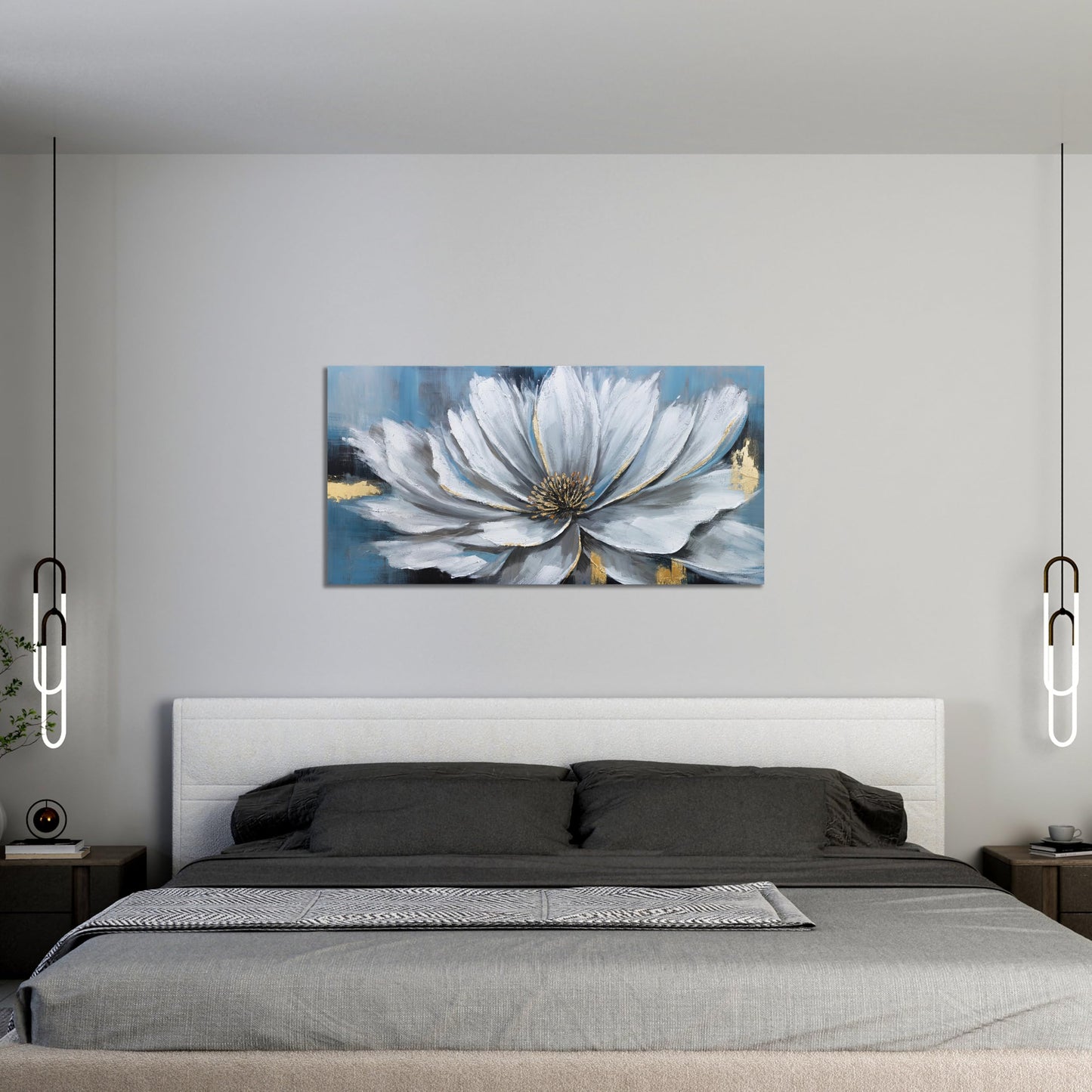 Yuaxker Blumen-Wandkunst, weißes und goldenes Blumengemälde auf Leinwand, moderne Kunst, Wanddekoration, botanisches Kunstwerk für Wohnzimmer, Schlafzimmer, Esszimmer, Büro, Heimdekoration, 50,8 x 101,6 cm