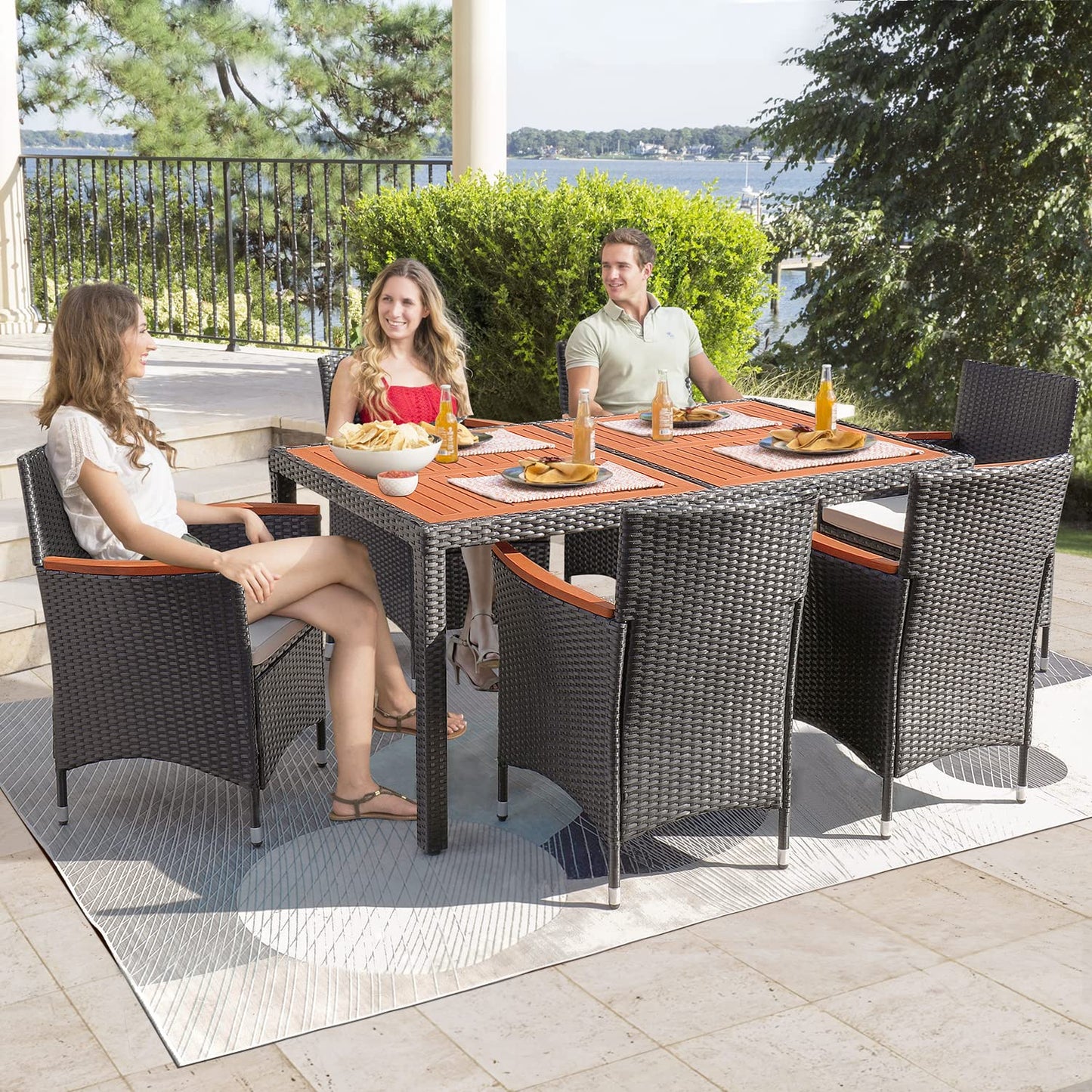 Flamaker 9 Piece Patio Dining Set Outdoor Acacia Wood Table and Chairs with Soft Cushions Wicker Patio Furniture for Deck, Backyard, Garden