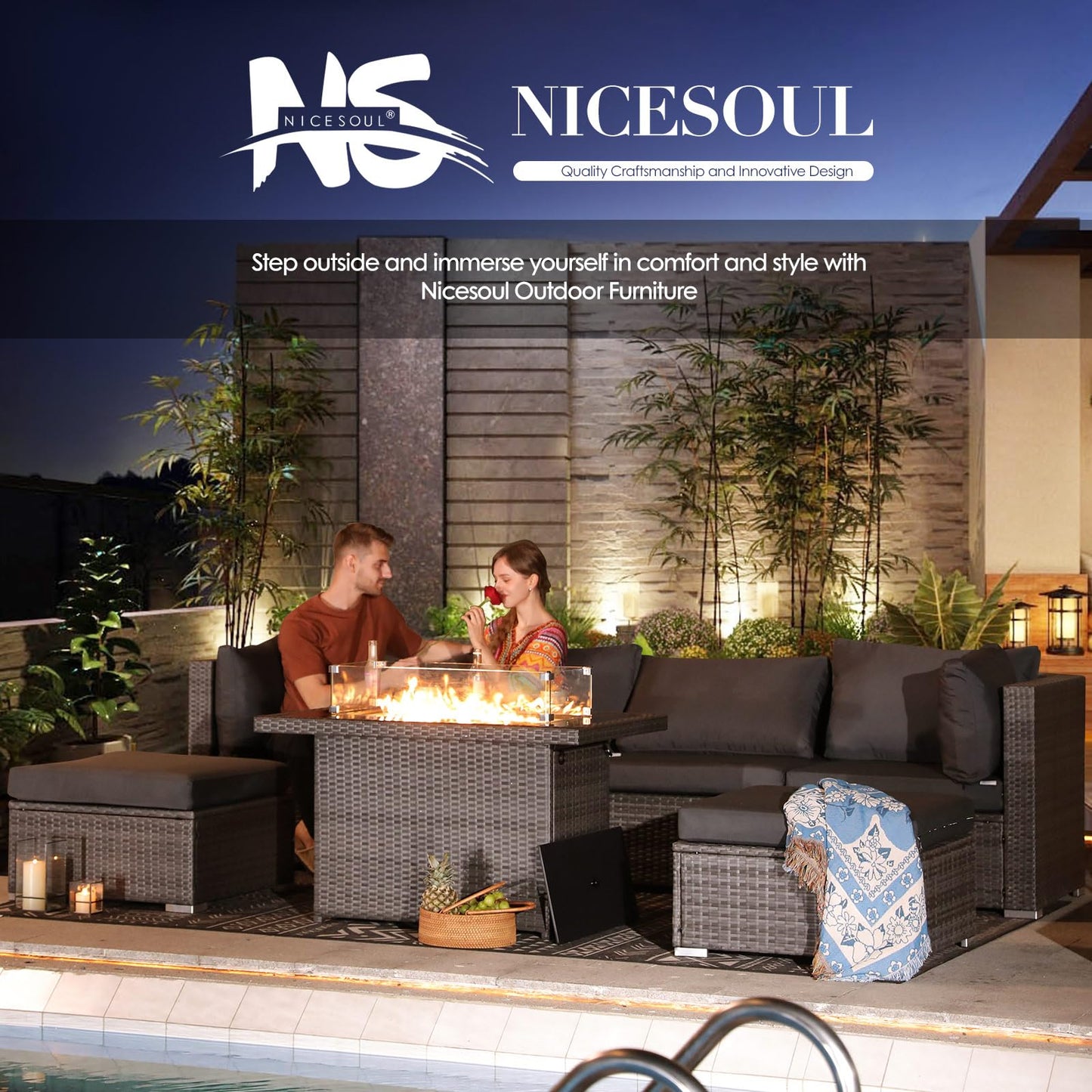 NICESOUL® 13-teiliges großes Luxus-Sofaset für die Terrasse mit Feuerstelle für Erdgas/Propan, 74 cm hohe Rückenlehne, Garten-Sitzgruppe, Gartensofa aus PE-Rattan, dunkelgrau 