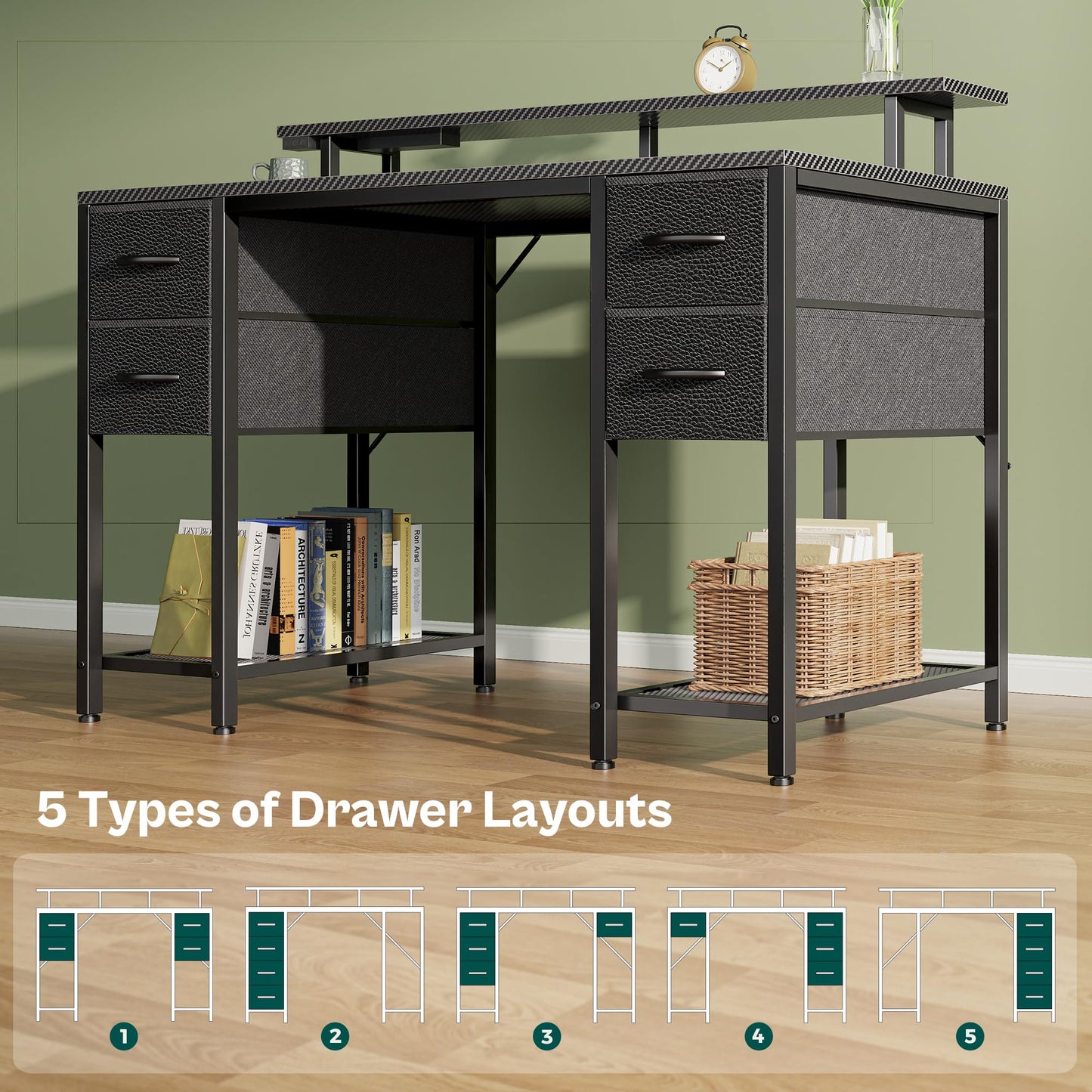 Bureau d'ordinateur Huuger de 47 pouces avec 4 tiroirs, bureau de jeu avec lumières LED et prises de courant, bureau à domicile avec grand espace de rangement pour chambre à coucher, travail à domicile, noir 