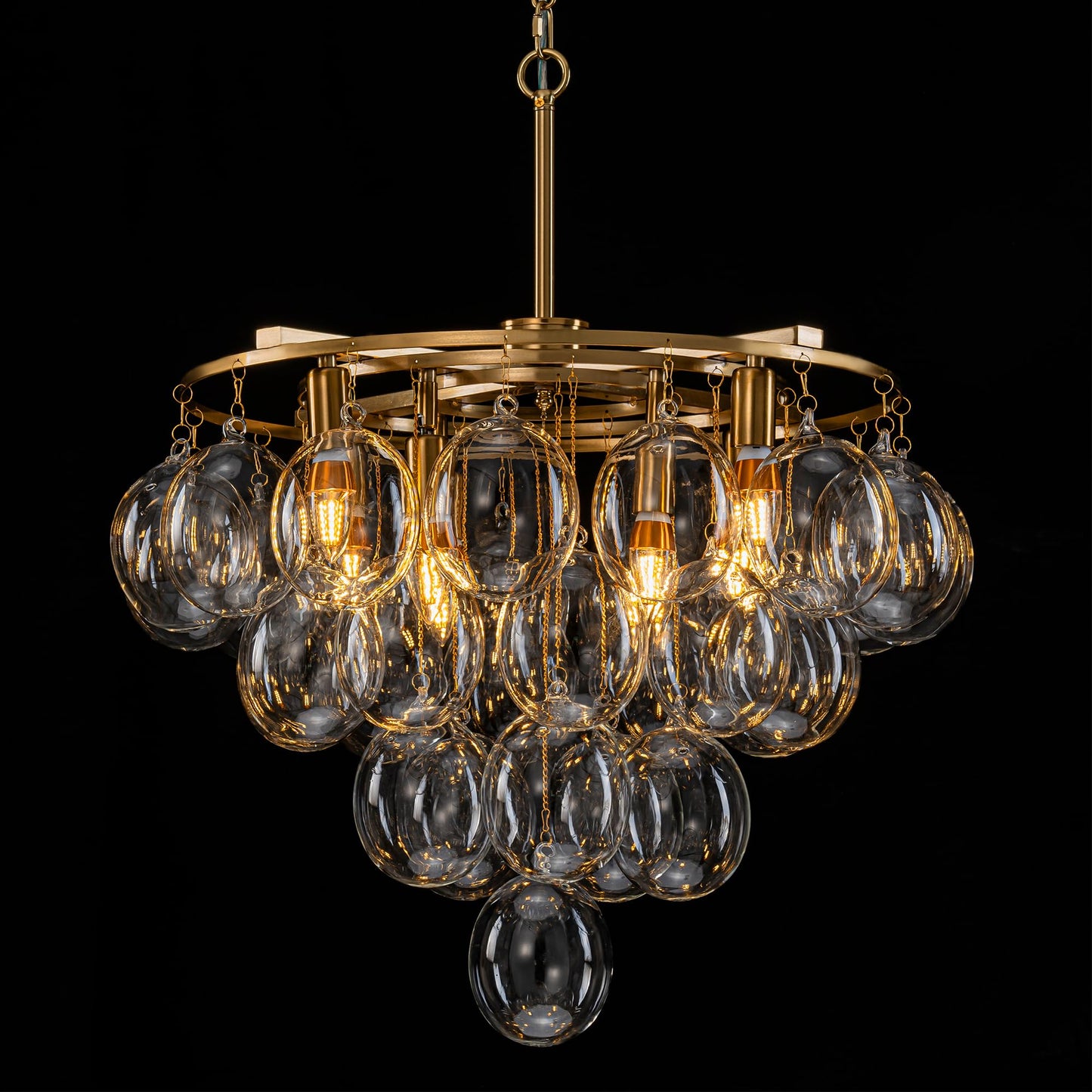 Gold Tiered Glass Globe Bubble Chandelier Round Swirled Glass Chandeliers Clear Blown Glass 8-Light 24 Inch Dia Pendant Light Fixture for Bedroom Restaurant