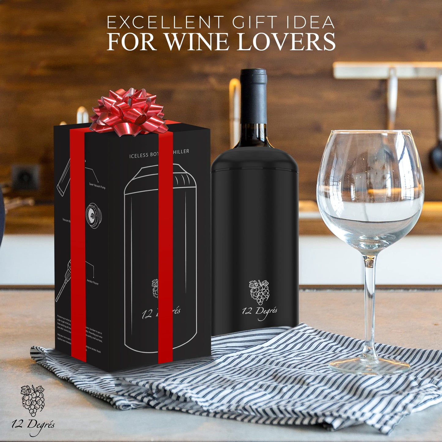 Wine Chiller Set - Perfect Wine Gifts for Women & Men - Stainless Steel Insulated Wine Cooler with Wine Pump, Aerator & 4 Stoppers (Black)