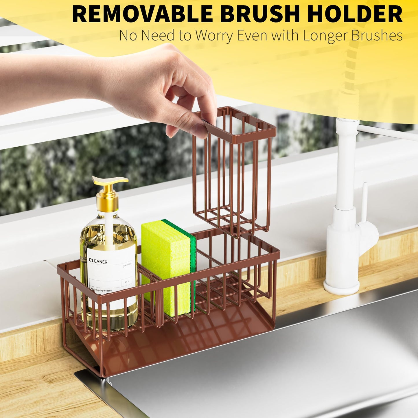 Cisily Kitchen Sink Caddy, Sponge Holder for Kitchen Sink, Kitchen Sink Organzier and Storage with High Brush Holder, Rustproof 304 Stainless Kitchen Gadgets Sink Accessories, Organizadores de Cocina