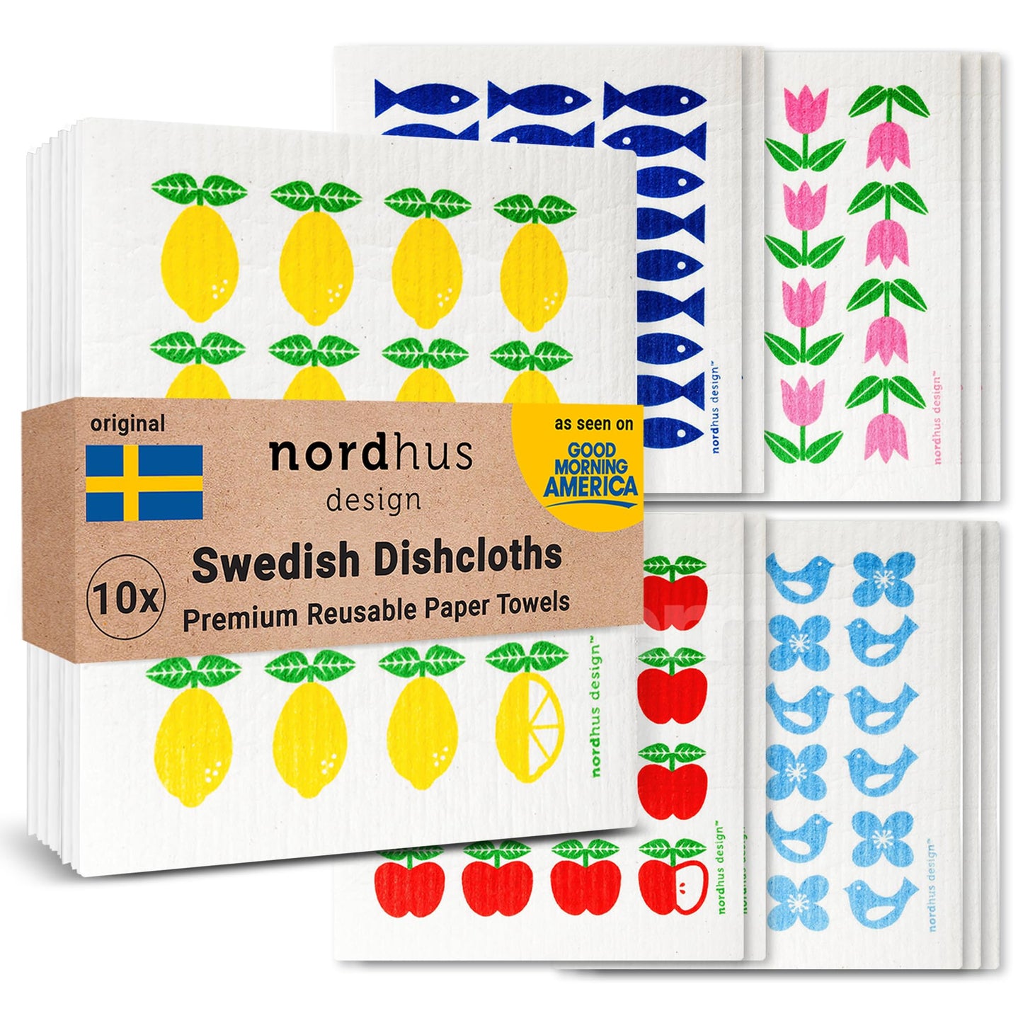 Nordhus Design Swedish Dishcloths for Kitchen, 10 Cloths, Made in Sweden - Reusable, Washable Cellulose Cotton Kitchen Cloths - Replace Paper Towels, Wipes, Sponges, Dish Rags