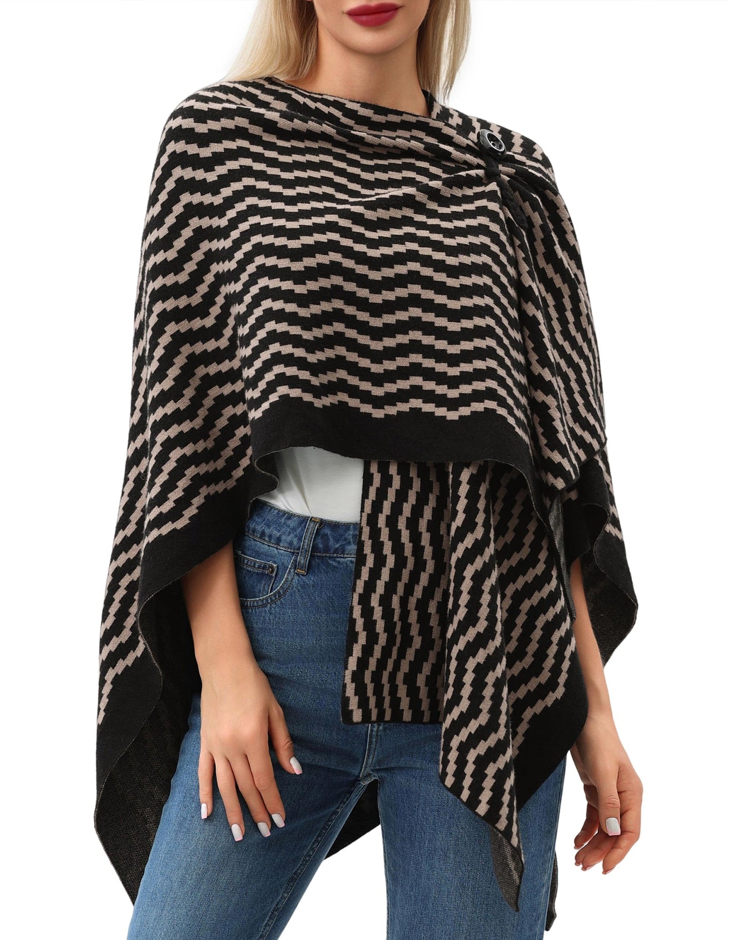 PULI Femmes Grand Poncho Croisé Sur Le Devant Pull Enveloppant Topper Tricoté Élégant Châles Cape pour l'Automne Hiver