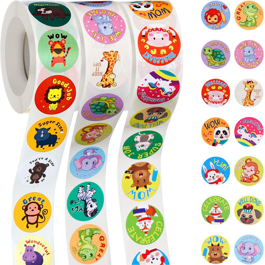 Outus 3 Rolls Motivational Stickers for Kids, 1500 Pcs Inspirational Cartoon Reward Stickers Teacher Supplies for Potty Training School Classroom Students Prizes, 24 Designs(Vivid Style)