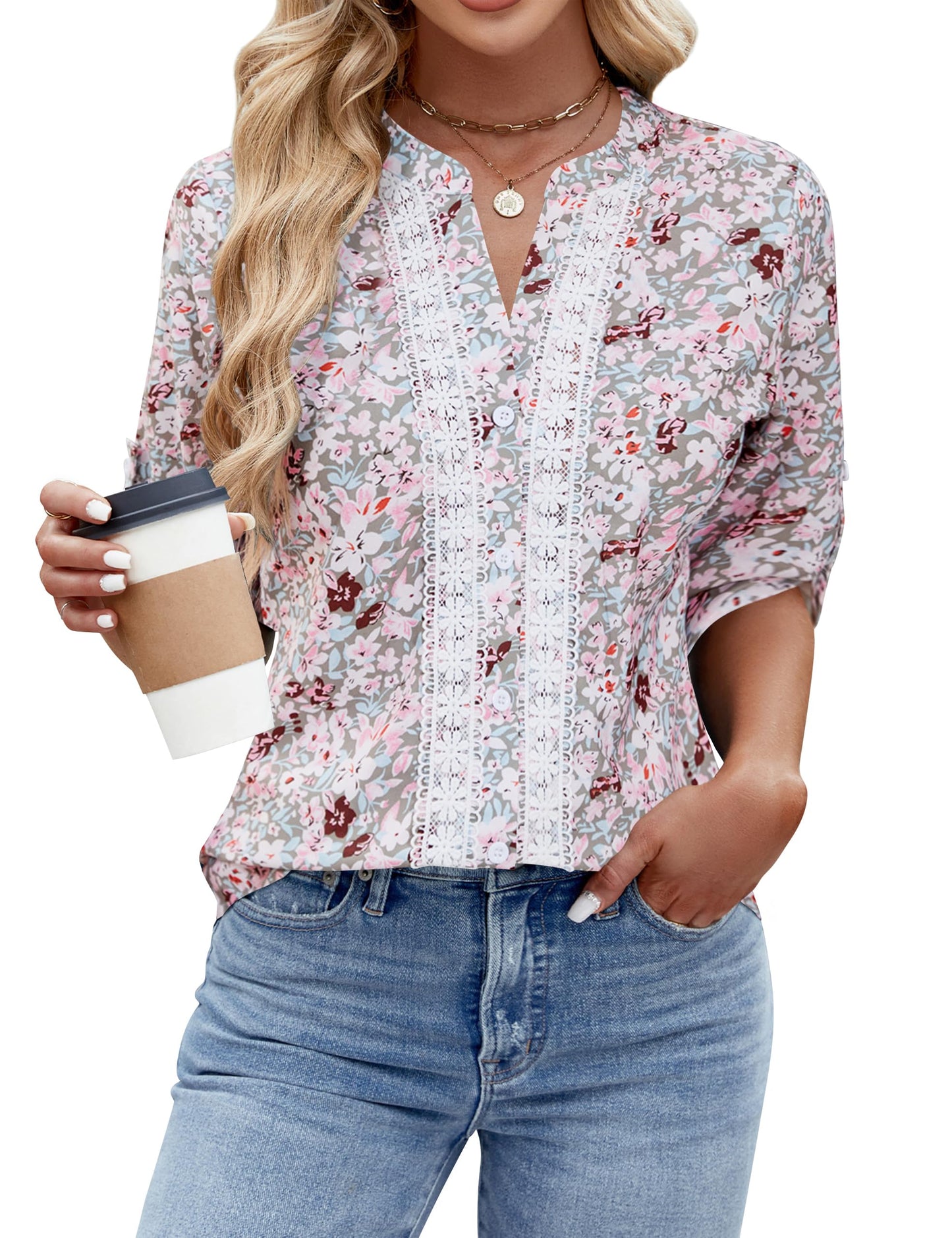 Blooming Jelly Damen Button-Down-Hemden mit Spitze, Häkelarbeit, elegante, lässige Oberteile, 3/4-Ärmel, Arbeits-/Sommer-Outfits 2024