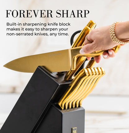 Copper Knife Set with Block - 14 PC Self Sharpening Knife Block Set