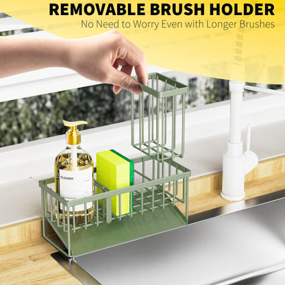 Kitchen Sink Caddy Organzier with High Brush Holder, Sponge Holder for Sink, 304 Rustproof Stainless, Kitchen Countertop Soap Dispenser Organizer, Kitchen Decor and Accessories