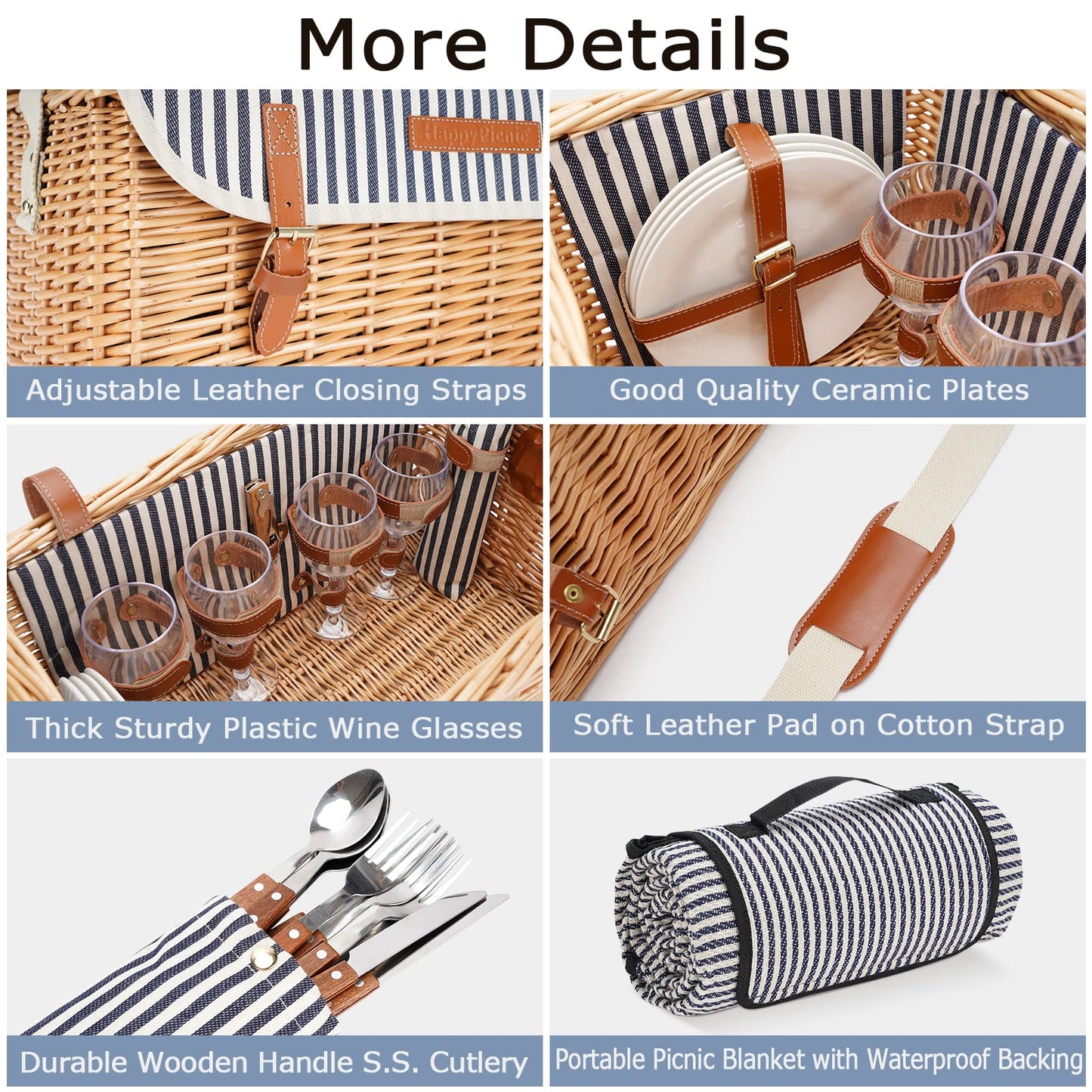 Wicker Picnic Basket for 4, 4 Person Picnic Kit, Willow Hamper Service Gift Set with Blanket Portable Bamboo Wine Snack Table for Camping and Outdoor Party