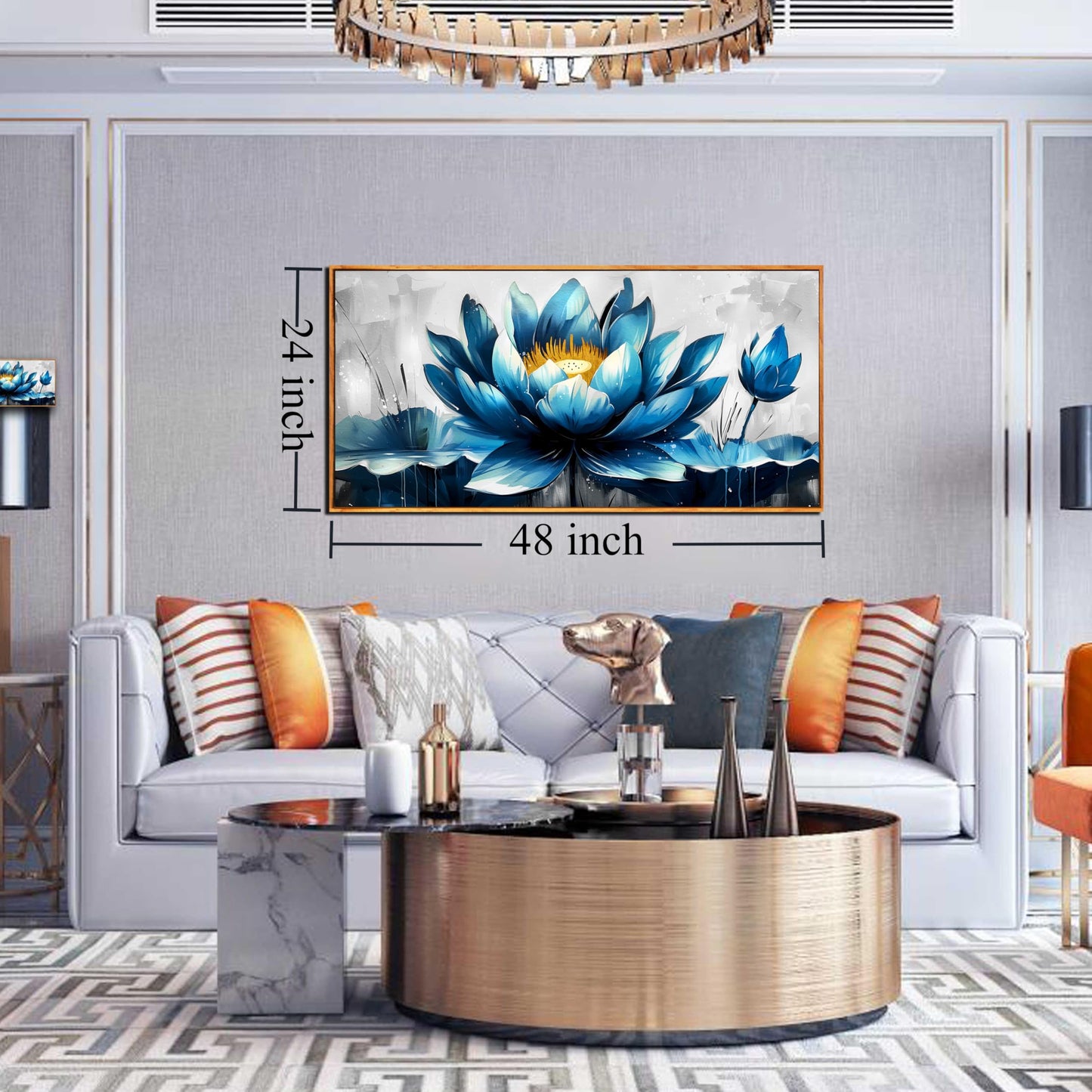 Ouzzlie Große Blumen-Wanddekoration, blaue Wandkunst für Wohnzimmer, goldene Kunst, Lotus-Poster für Zuhause und Büro, 73,7 x 149,9 cm 