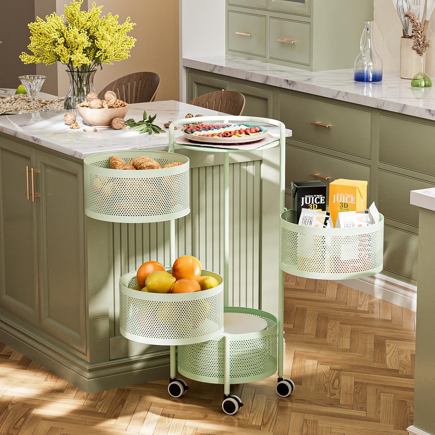 No Assembly Required Vegetable Storage Rack, 4-Tier Rotating Fruit Basket with Wheels, Heavy Duty Carbon Steel Kitchen Storage Cart