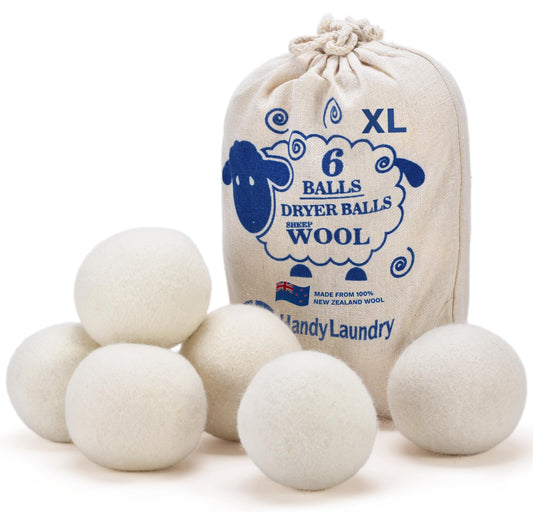 Handy Laundry Wool Dryer Balls - Natural Fabric Softener, Reusable, Reduces Clothing Wrinkles and Saves Drying Time, Better Alternative to Plastic Balls and Liquid Softener (Pack of 6)