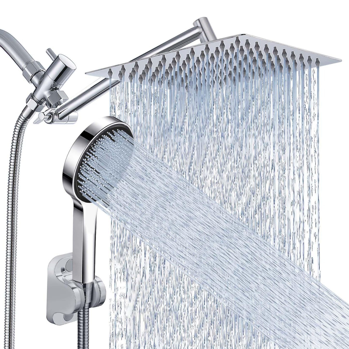 Pommeau de douche, pommeau de douche à effet pluie de 10 pouces avec jet portatif combiné, 3 jets d'eau portatifs avec tuyau de douche de 60 pouces de long (argent) 