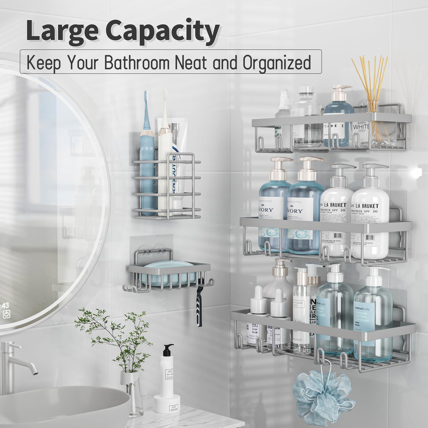 Shower Caddy 5 Pack, Bathroom Shower Organizer Rack for Inside Shower, Adhesive Shower Shelf, Shampoo Holder, Shower Basket, Metal Wall Storage, Grey