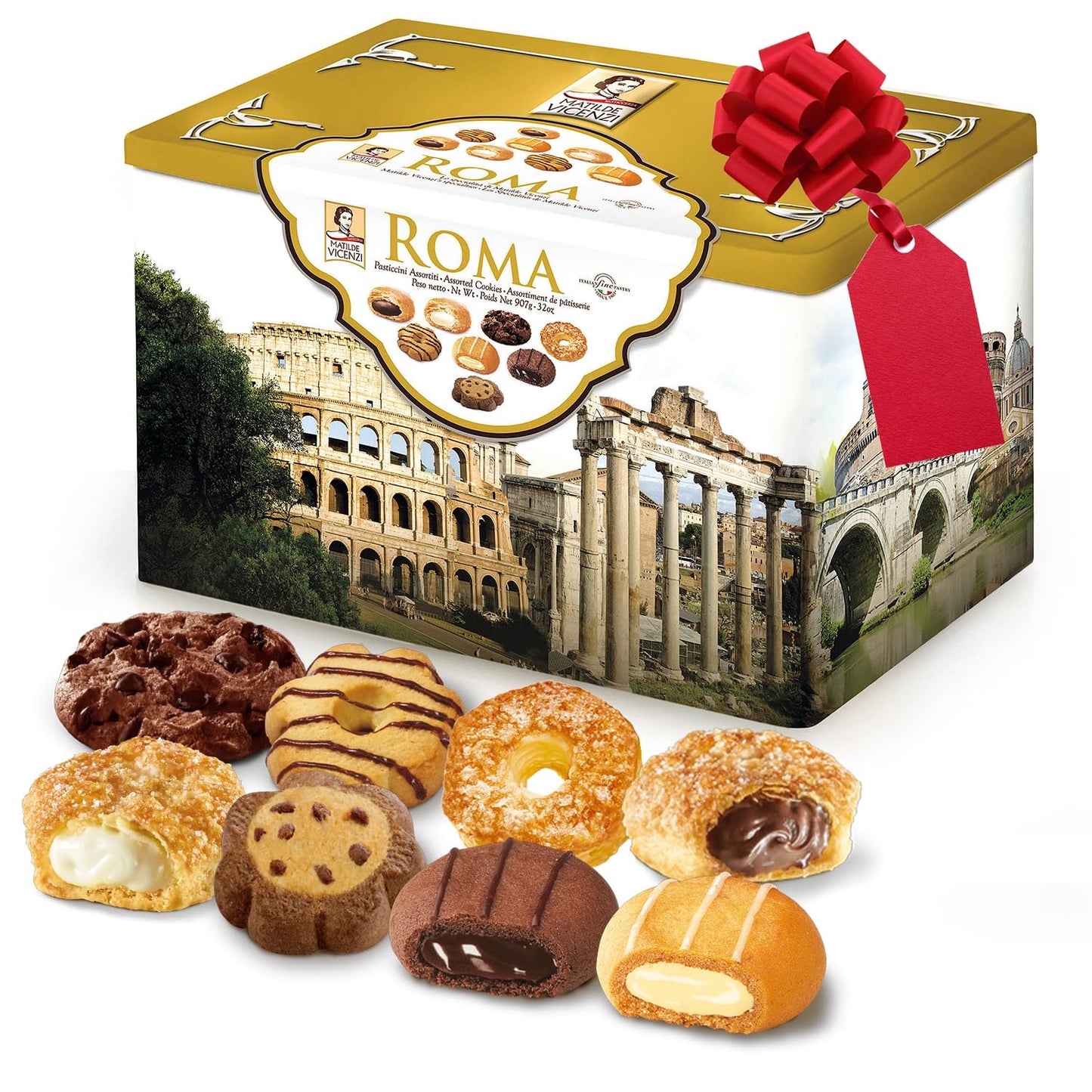 Matilde Vicenzi Roma Cookie Tin - Italian Pastries & Bakery Cookies in Individually Wrapped Trays - Bakery Dessert Gifts - Puff Pastry, Assorted Cookies in Italian Design Gift Tin 32oz (907g)